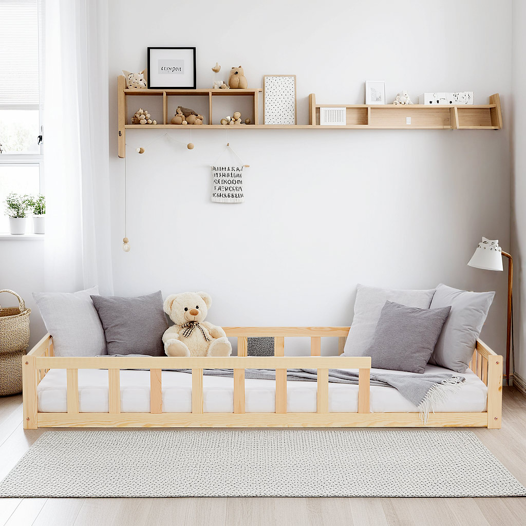 Children's Bed 90x200 Natural | Floor Bed with Mattress & Slatted Frame | with Fall Protection | Montessori