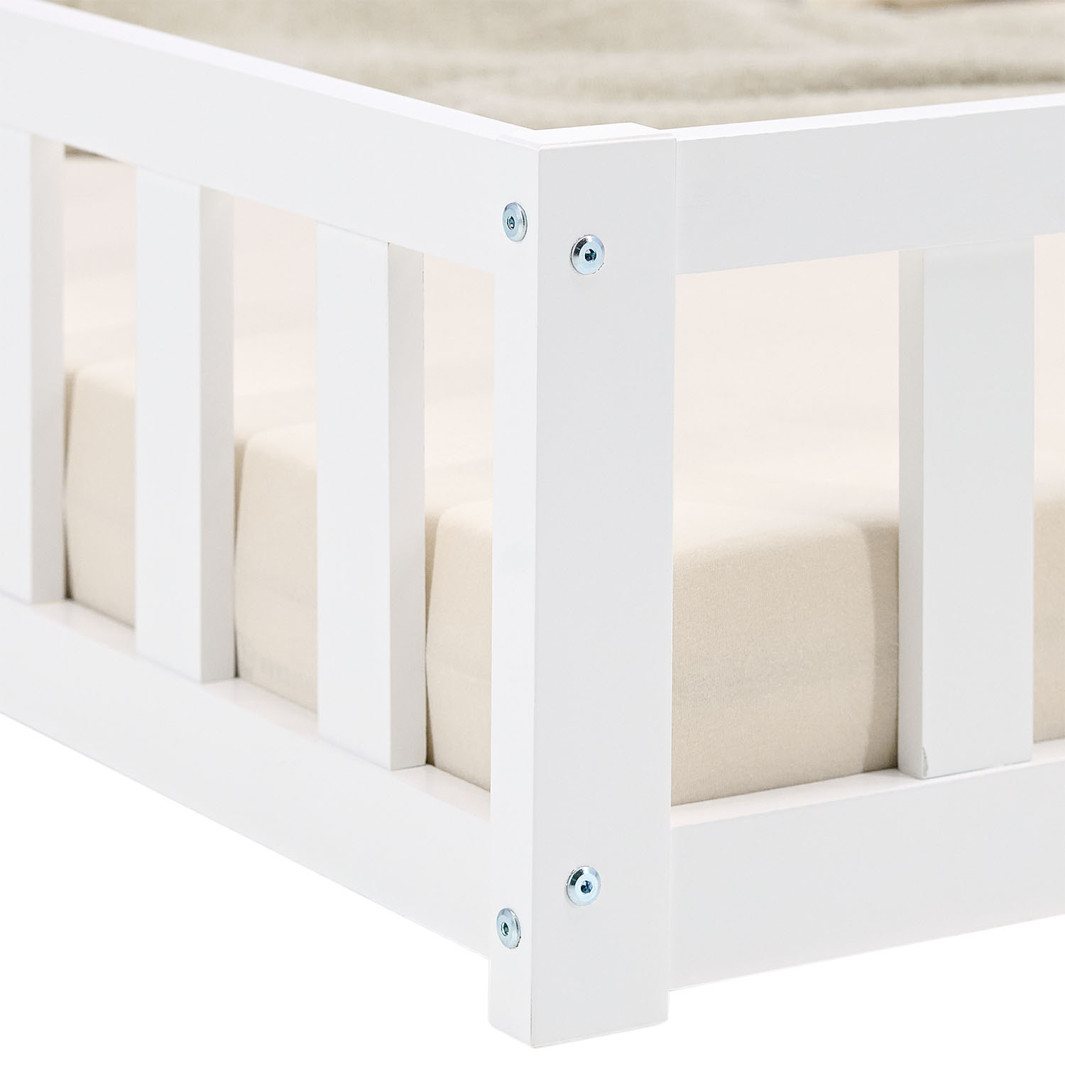 Children's Bed 120x200 White | Floor Bed with Slatted Frame | with Fall Protection | Montessori