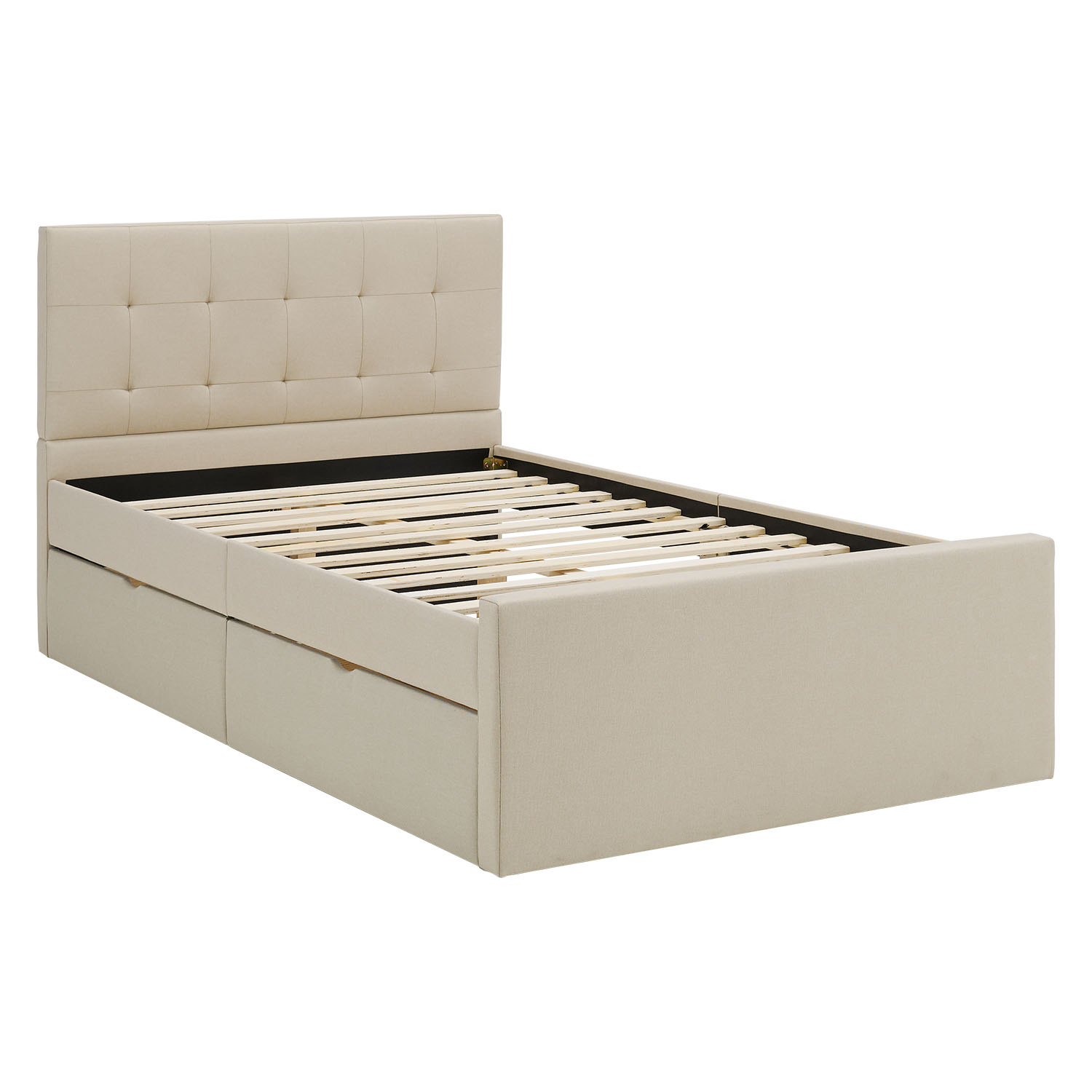 Upholstered bed 120x200 cm beige | with slatted frame | with 2 bed drawers | double fabric bed frame