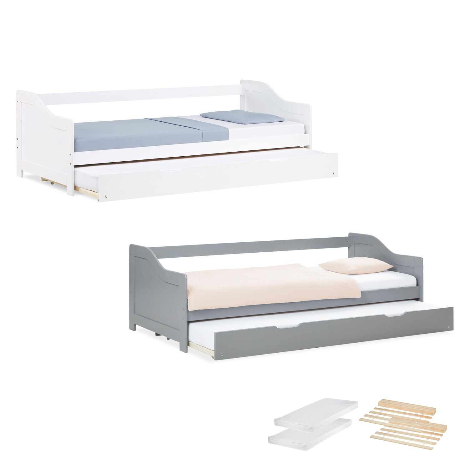Gästebett Holzbett 90x200 cm Weiß Grau Tagesbett ausziehbar Jugendbett Ausziehbett Funktionsbett 2 Matratzen
