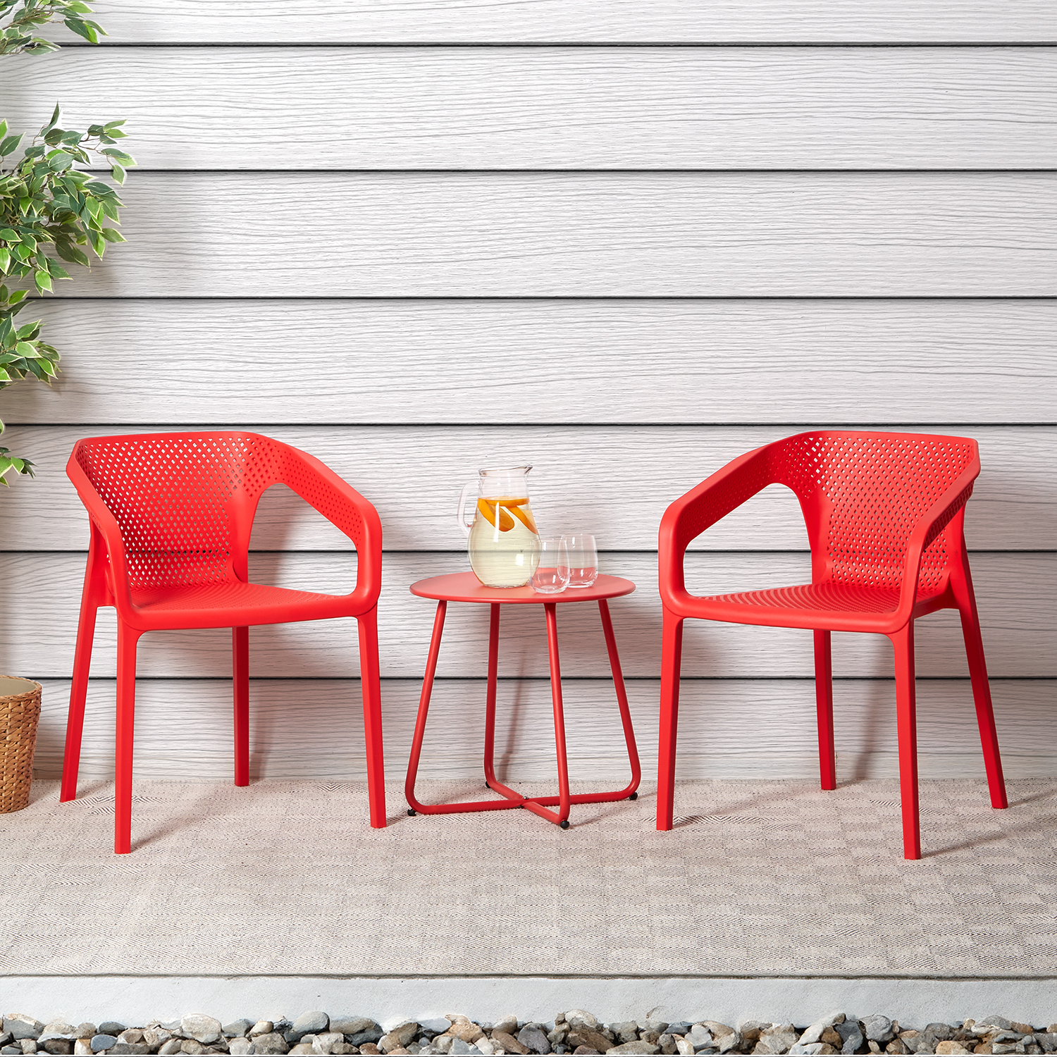 Set of 2 Garden chair with armrests Camping chairs Red Outdoor chairs Plastic Egg chair Lounger chairs Stacking chairs