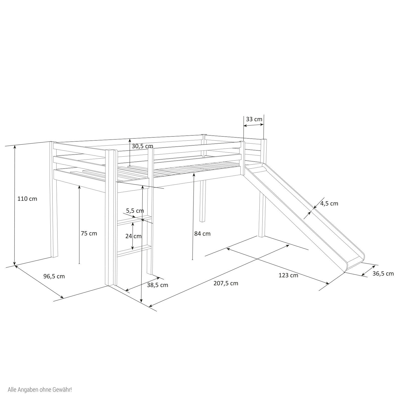 Loft Bed Kids 90x200 cm White with Curtain in Black | Slide | without Slatted Frame