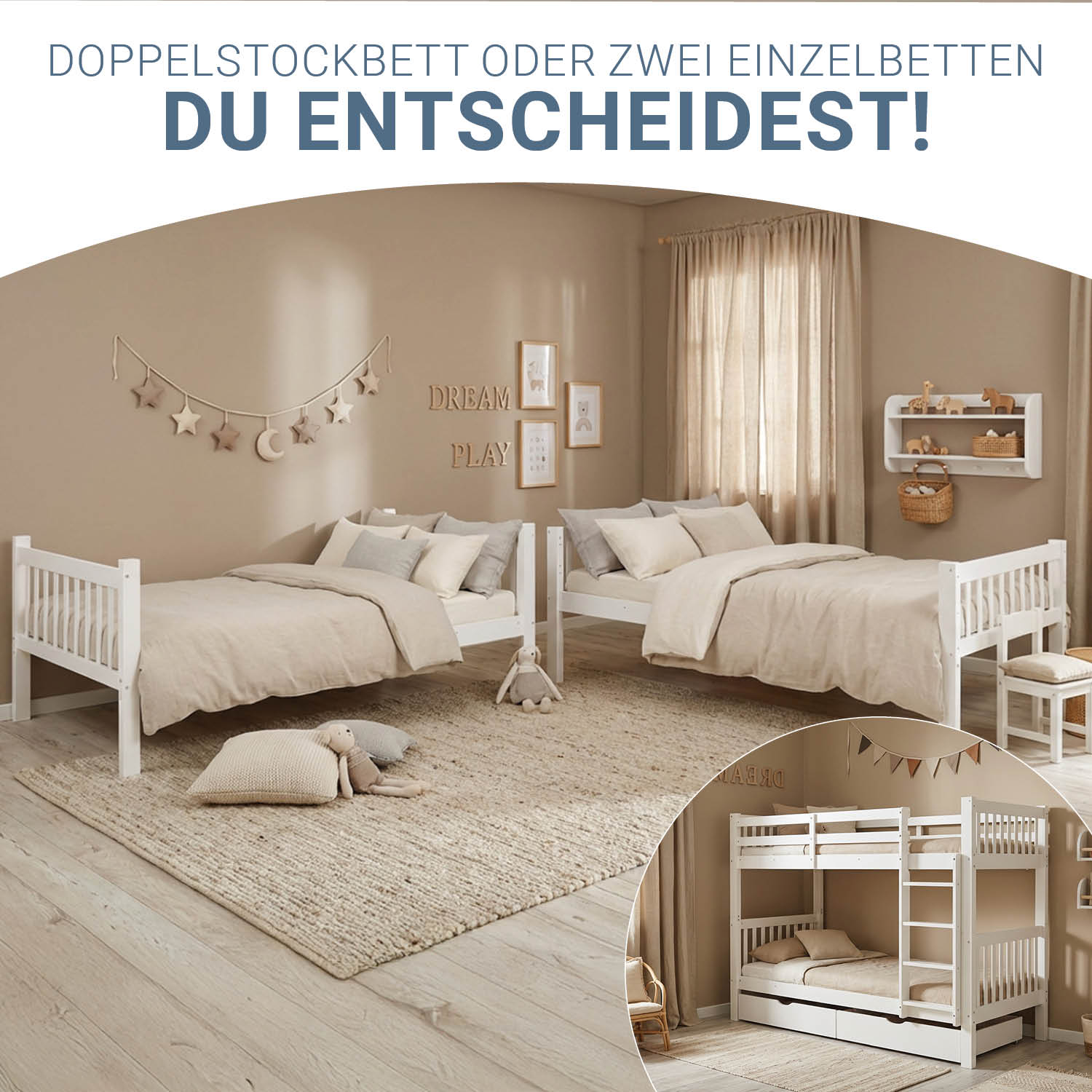 White Bunk Bed 90x200 cm | Children’s Bed with Mattress | with 2 Underbed Drawers | Slatted Base Included | Safety Guard | Convertible | Solid Wood