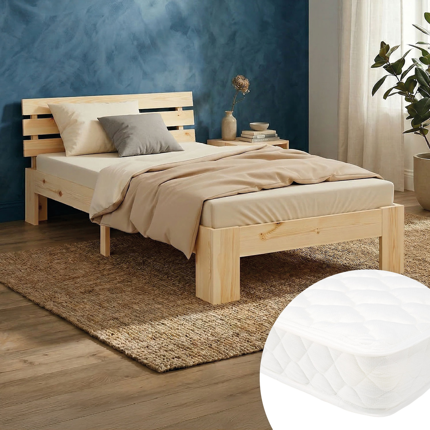 Wood Bed 90x200 cm Natural | Single Bed | with Spring Mattress | Solid | Youth Guest Bedroom