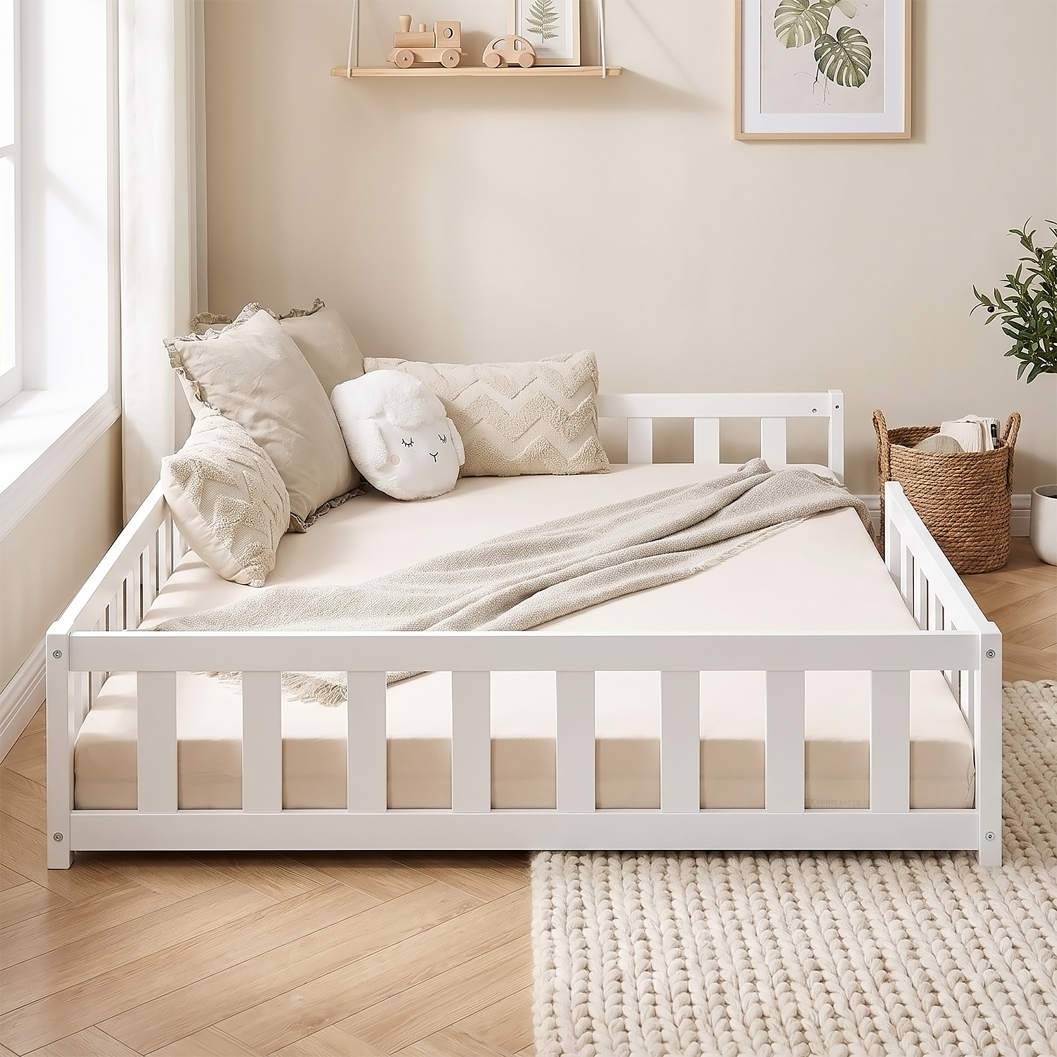 Montessori Crib 120x200 cm White with Safety Rail & Slatted Base – Solid Wood Crib