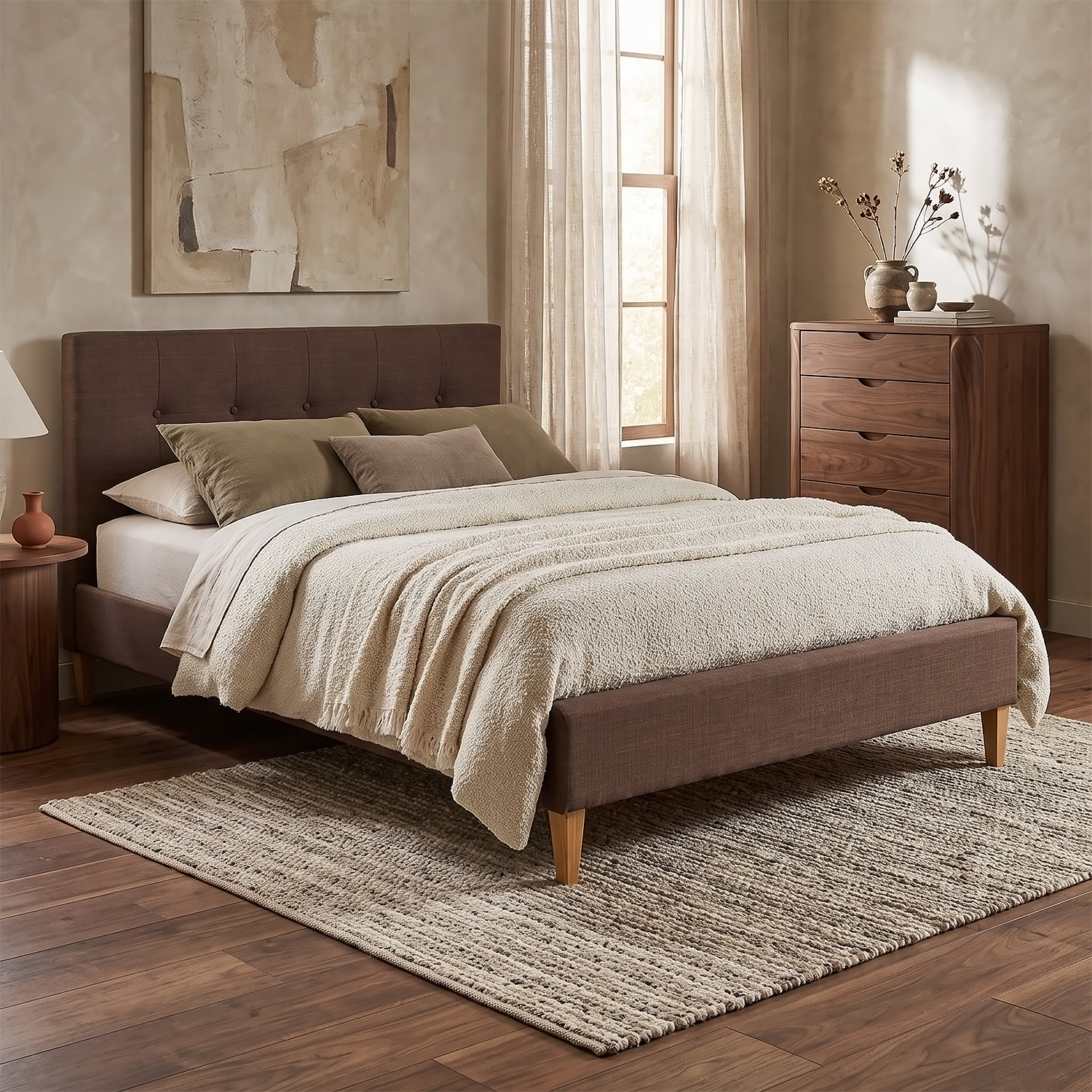 Upholstered bed 180x200 cm brown | with slatted frame | double fabric bed frame