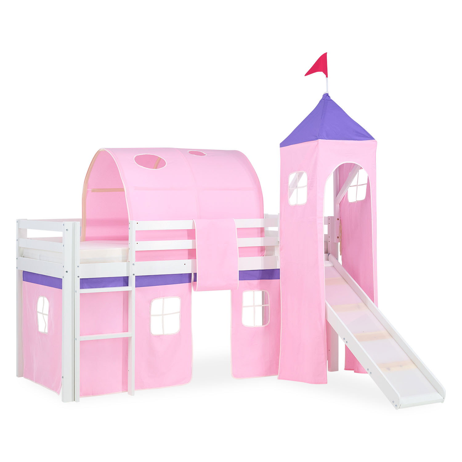 Loftbed 90x200 cm Bunk bed Childrens bed Solid Pine Wood Tower Tunnel Curtain Pink Slide Mattress Slats