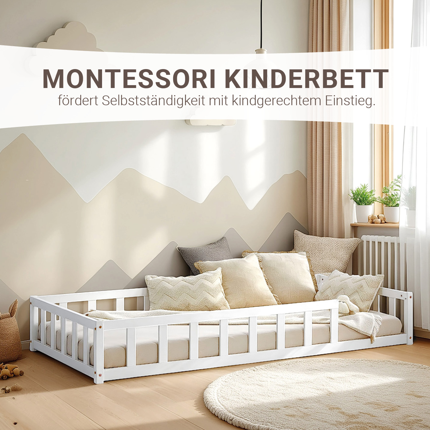 Children's Bed 90x200 White | Floor Bed with Mattress & Slatted Frame | with Fall Protection | Montessori