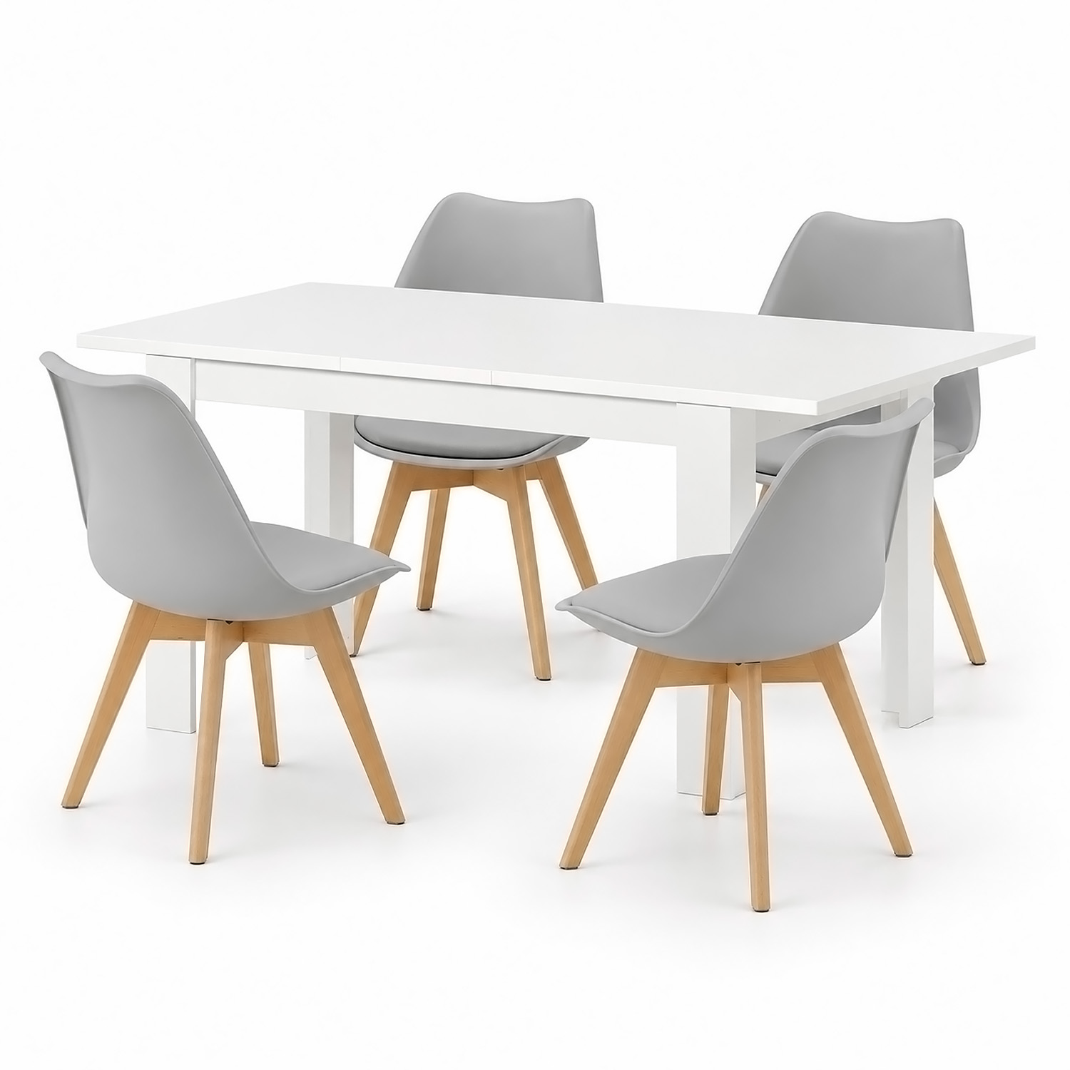 Dining Set (5-Piece): 120x80 cm white extendable dining table with 4 grey plastic chairs and wooden legs