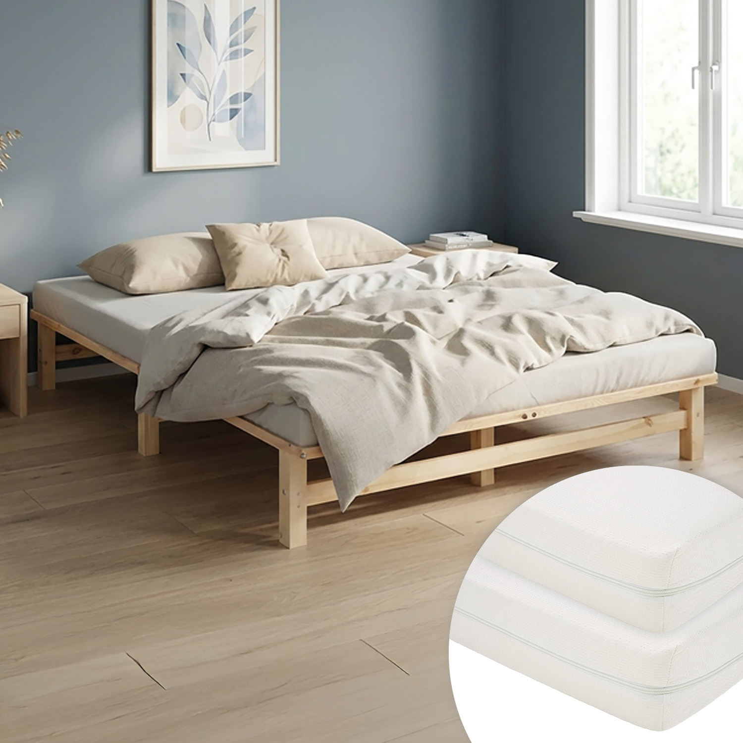 160x200 cm Natural Pallet Bed – Wooden Double Bed with 2 Mattress & Slatted Base for Teen Rooms, Guest Rooms, and Bedrooms
