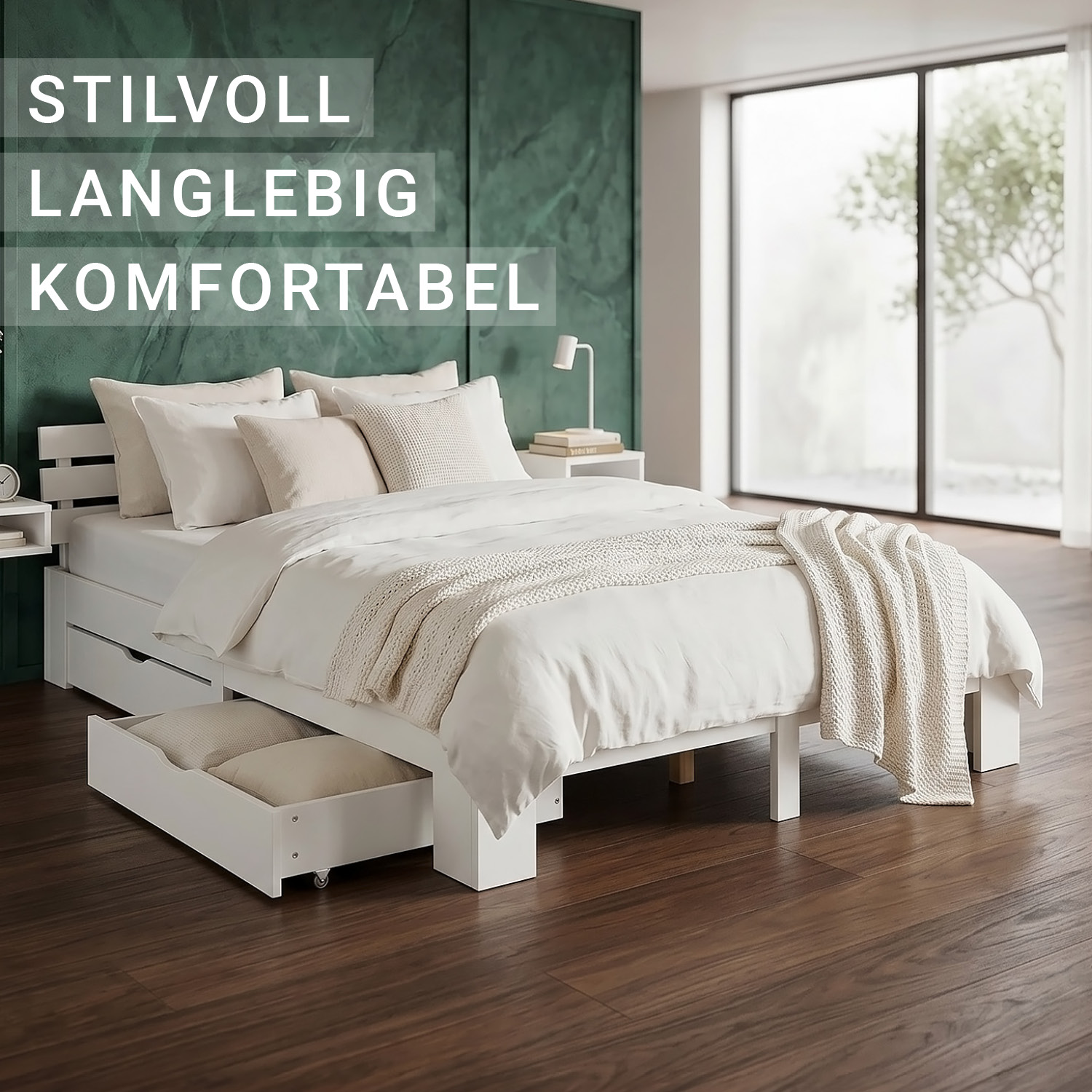 Wood Bed 180x200 cm White | Double Bed | with 2 Spring Mattress | 2 Drawers | Youth Guest Bedroom