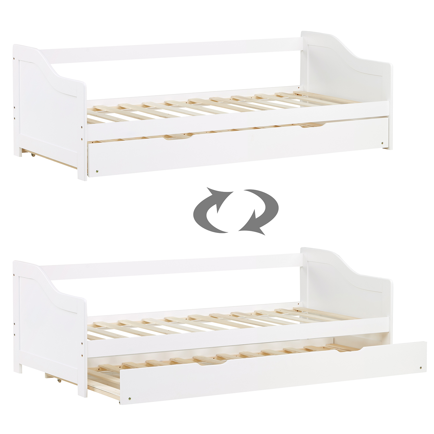 Wooden Bed 90x200 cm White | Extends to a Double Bed | Bunk Bed | With Slatted Base | Pull-Out Bed, Functional Bed, Duo Bed