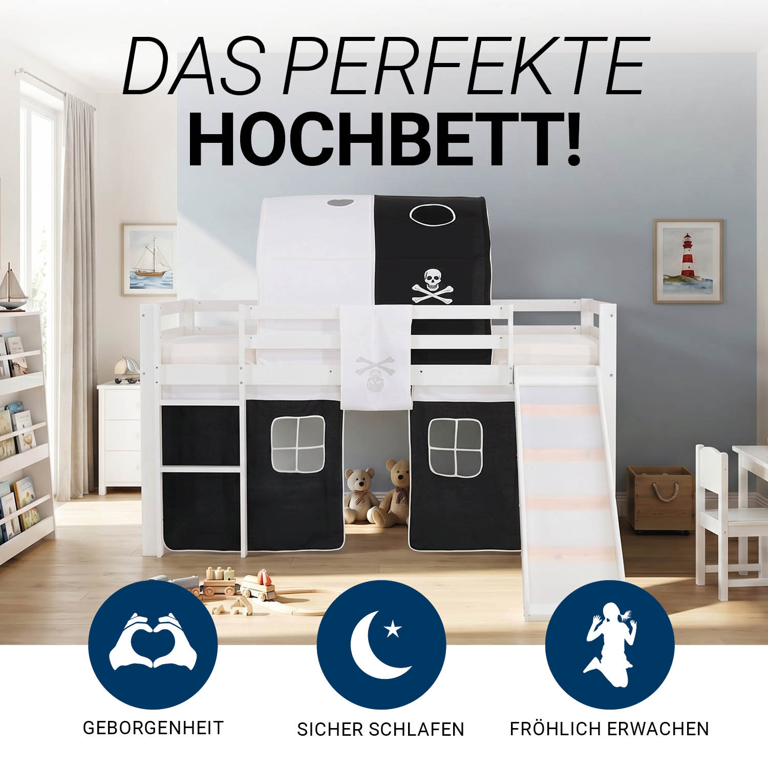 Children's Loft Bed 90x200 cm White with Black Curtain | Tunnel | Slide | Without Slatted Base | Pirate | Boys