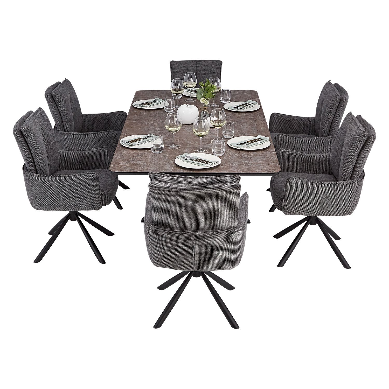 Esstisch mit 4 oder 6 Stühlen Set Essgruppe Polsterstühle Drehbar Grau Anthrazit Esszimmertisch 200x100 cm Metall