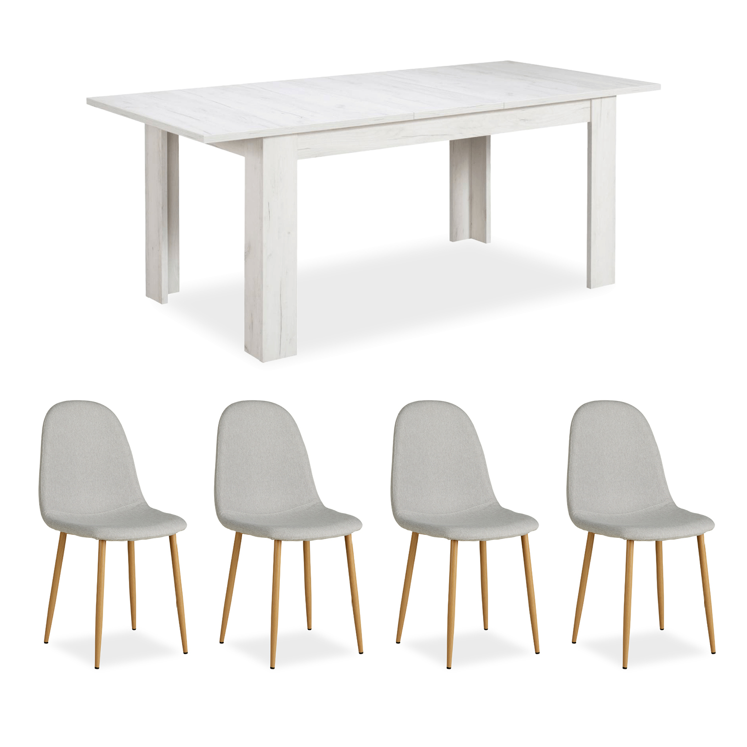Essgruppe mit 4 Stühlen Esstisch Esszimmertisch Weiß Vintage Holztisch Massiv Polsterstühle Grau