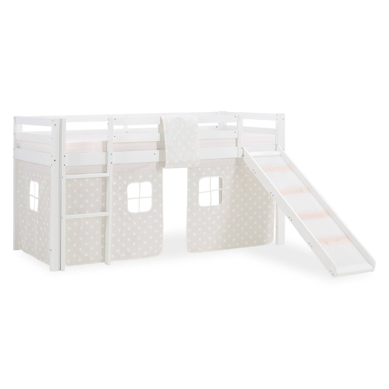 Children's Loft Bed 90x200 cm White with Star Curtain | Slide | With Slatted Base | With Mattress