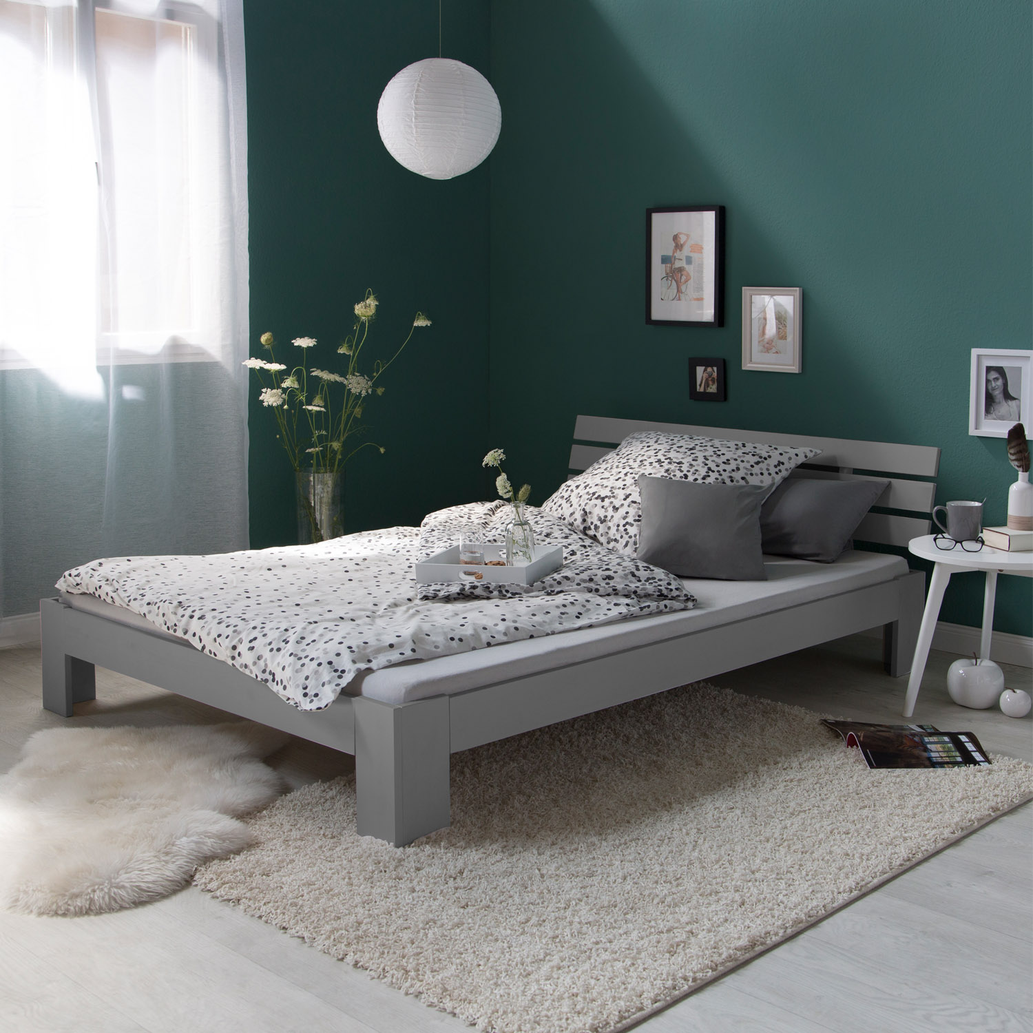 Double Bed with Mattress and Slatted Frame 140x200 Bed Grey Solid Pine Bedstead Wooden Bed Futon Bed