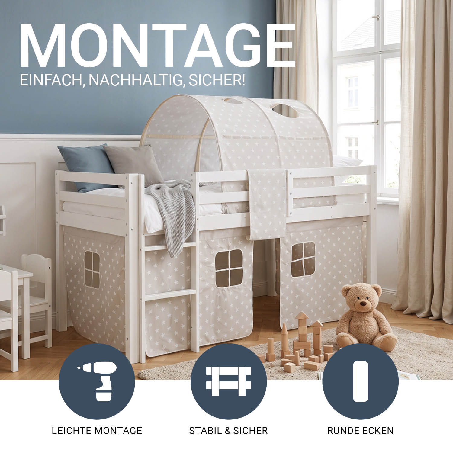 Children's Loft Bed 90x200 cm White with Star Curtain | Tunnel | Without Slatted Base
