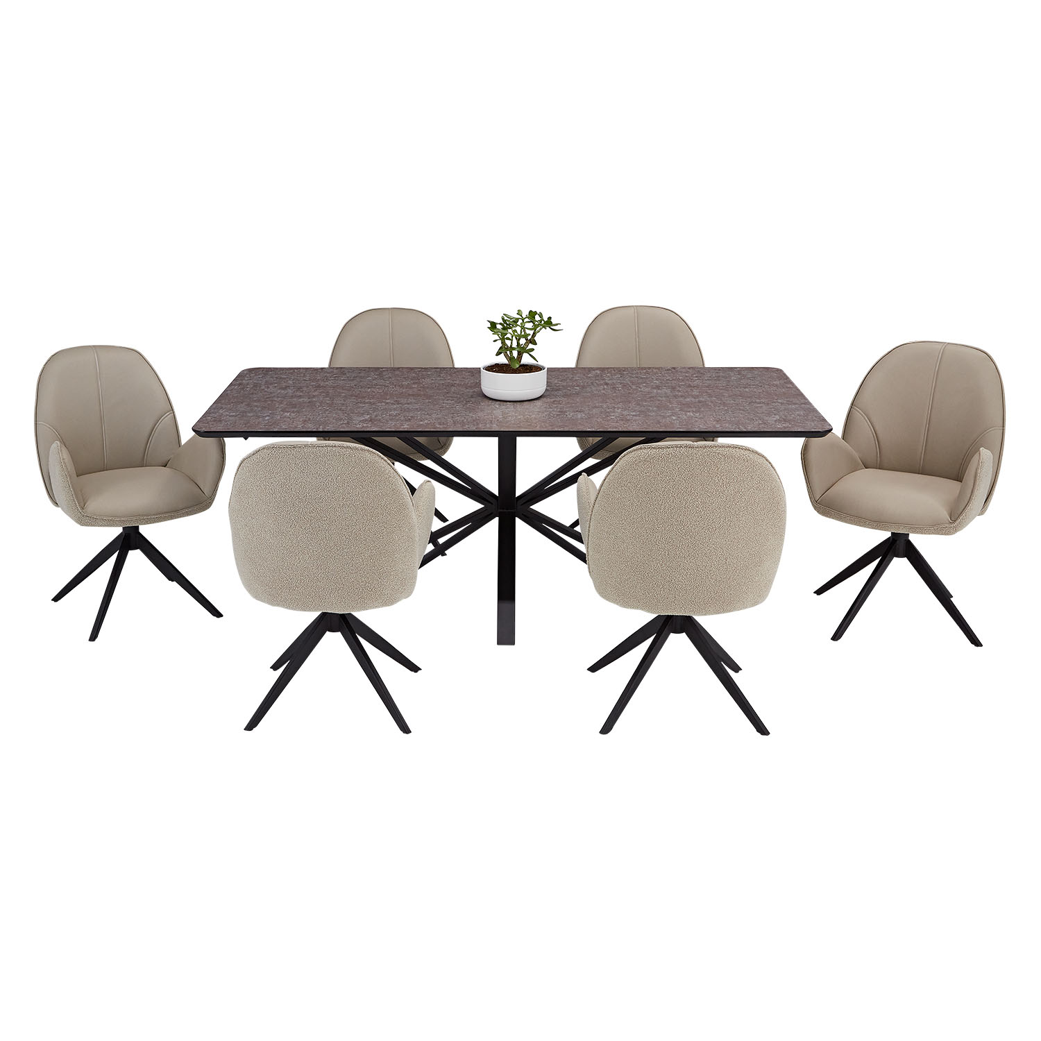 Dining set | 6-piece set upholstered chairs beige bouclé Leder with armrest | swivel | dining table brown metal frame 200 x 100 cm