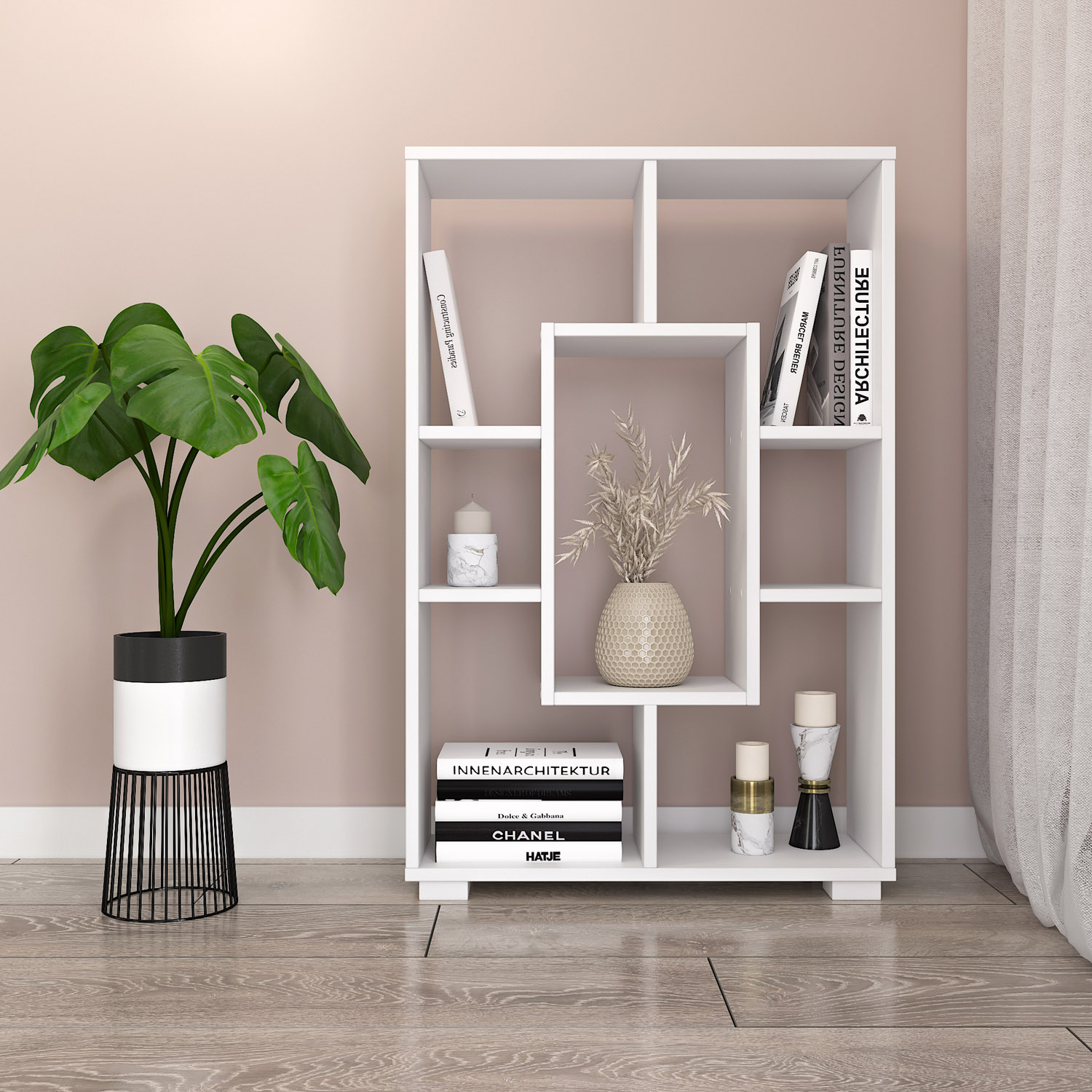 Shelf 4 Versions Floor or Wall Shelf 7 Compartments Bookcase Oak White Wood Solid Modern