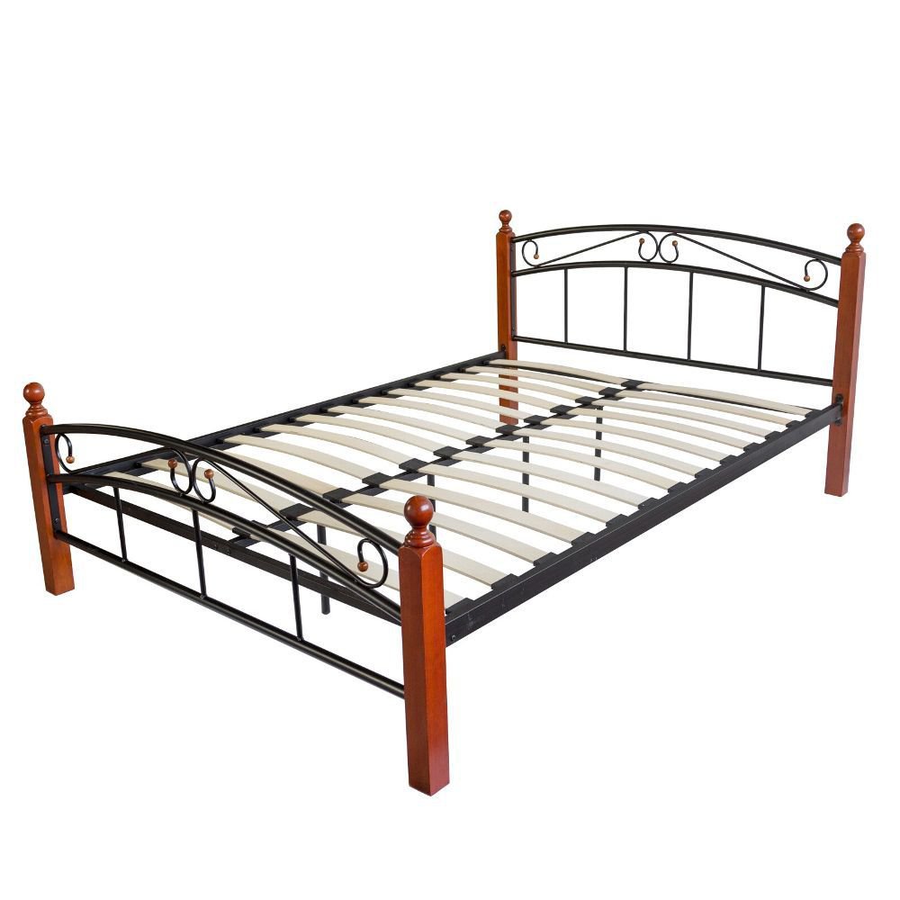 Metal Bed Iron Bed Double 140 x 200 Wood Slatted black brown bed frame 8077