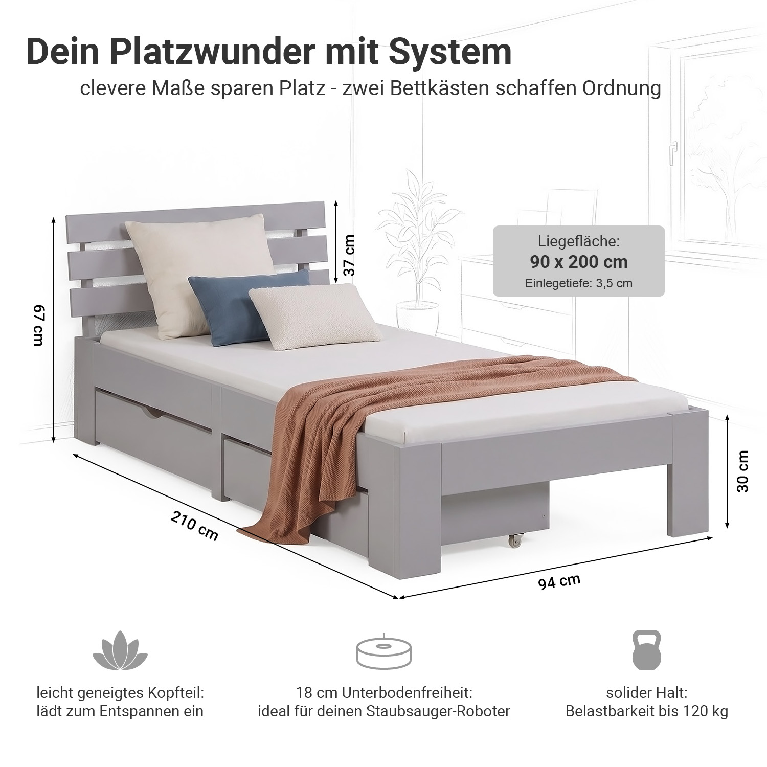 Wooden Bed 90x200 cm Gray | Single Bed with Storage | With Slatted Base | Solid Wood | Children's, Teen, or Guest Bedroom