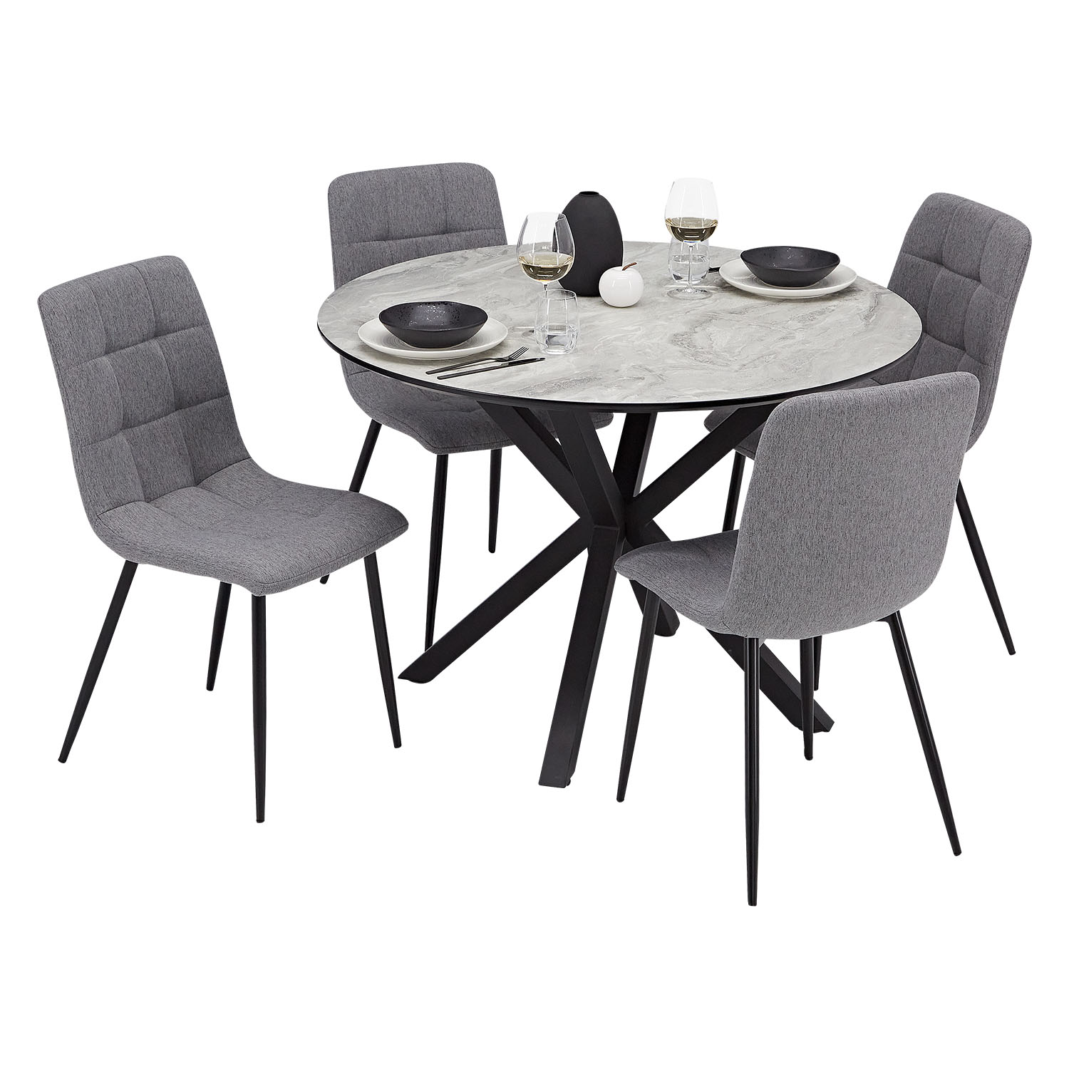 Esstisch mit 2 oder 4 Stühlen Set Essgruppe Polsterstühle Samt Leinen Grau Esszimmertisch Rund Ø 110 cm Modern