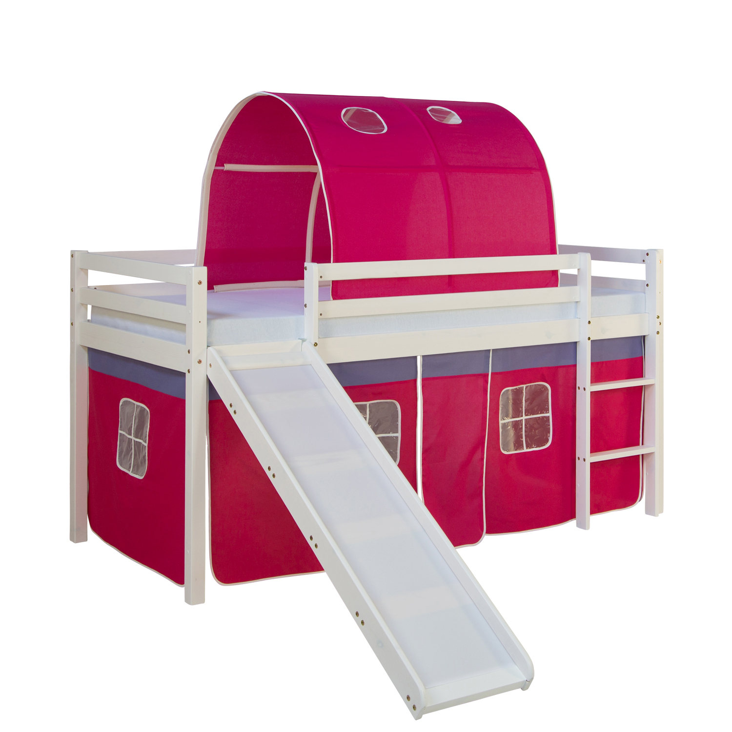 Loft Bed Kids 90x200 cm White with Curtain in Pink | Tunnel | Slide | without Slatted Frame