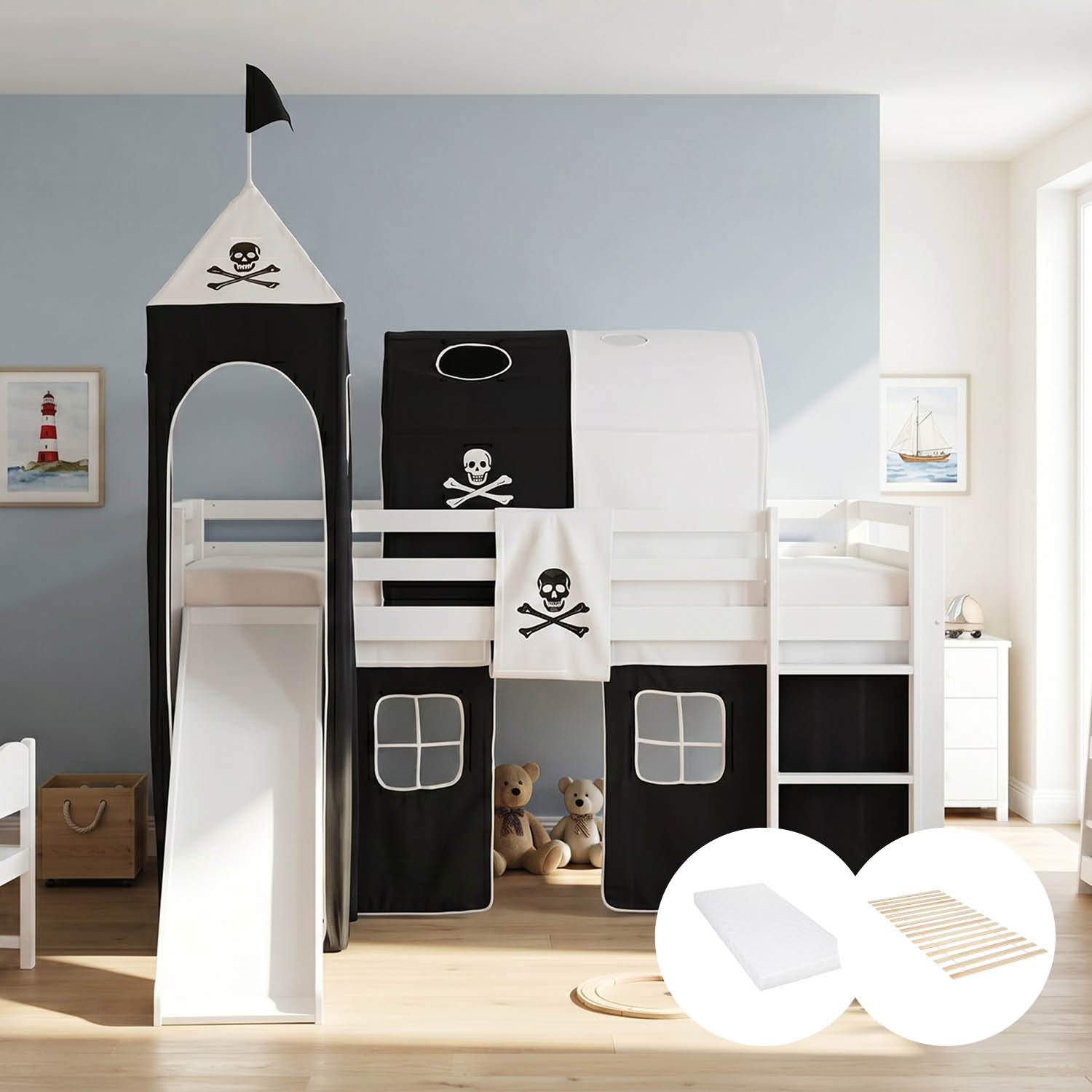 Children's Loft Bed 90x200 cm White with Black Curtain | Slide | Tower | With Slatted Base | With Mattress | Pirate | Boy
