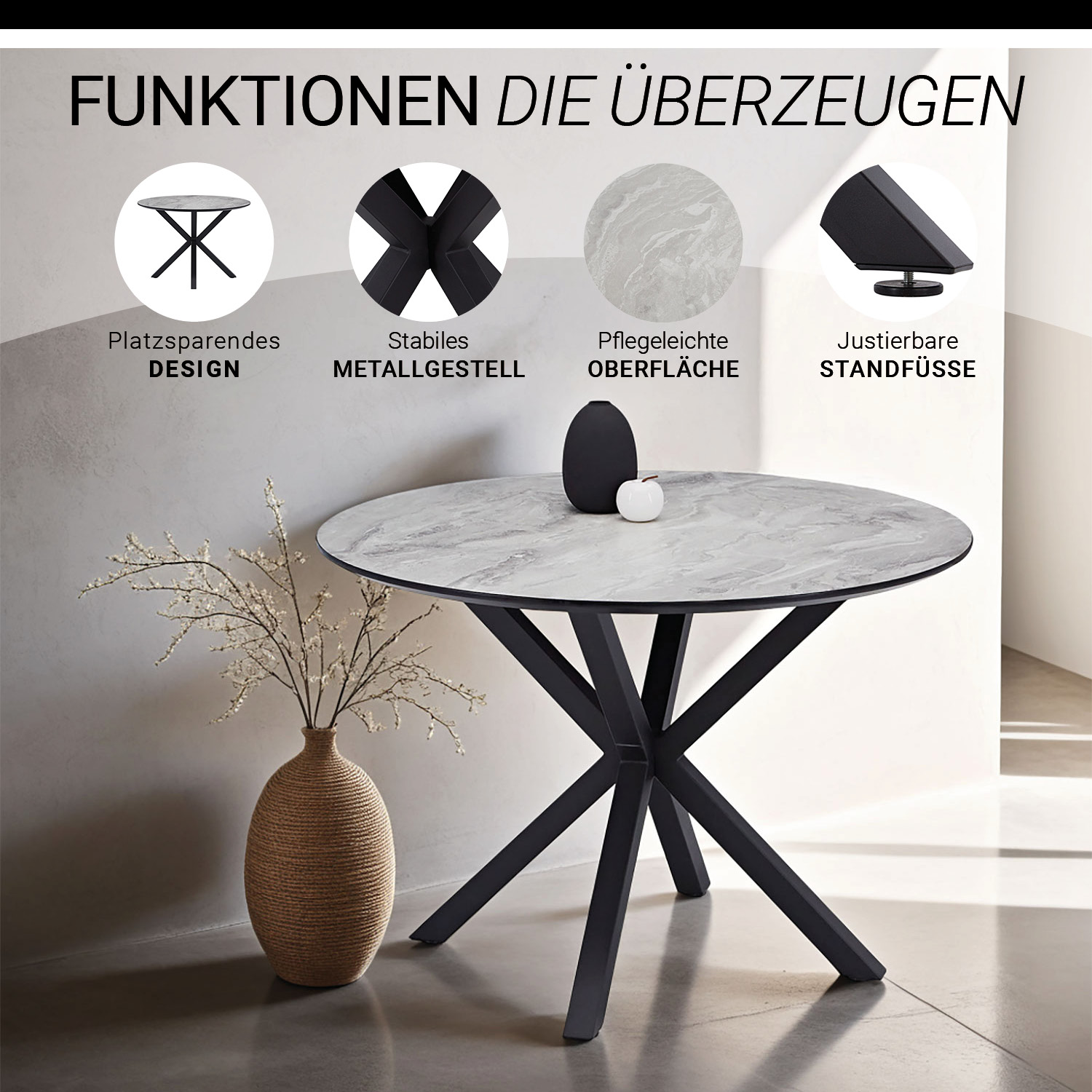Dining set | 4-piece set upholstered chairs grey | dining table grey black metal frame round 110 cm