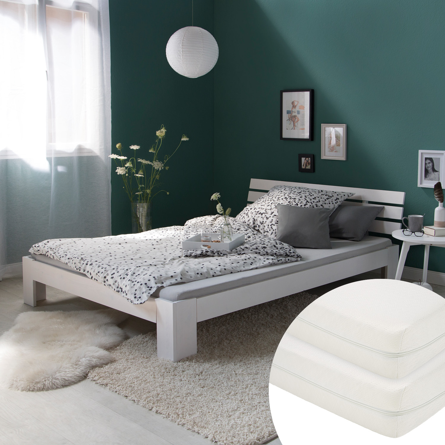 Wood Bed 160x200 cm White | Double Bed | with 2 Mattress | Solid | Kids Youth Guest Bedroom