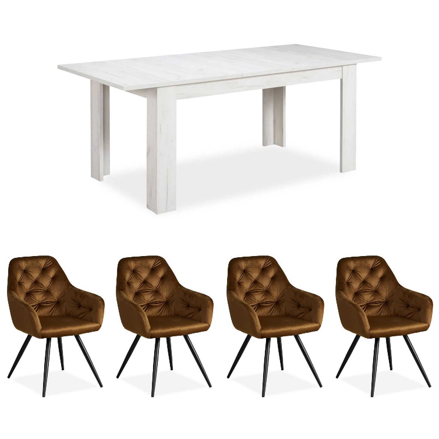 Dining Table 160x90 cm Extendable with 4 Chairs Brown Velvet Dining Room Table Wooden Table White