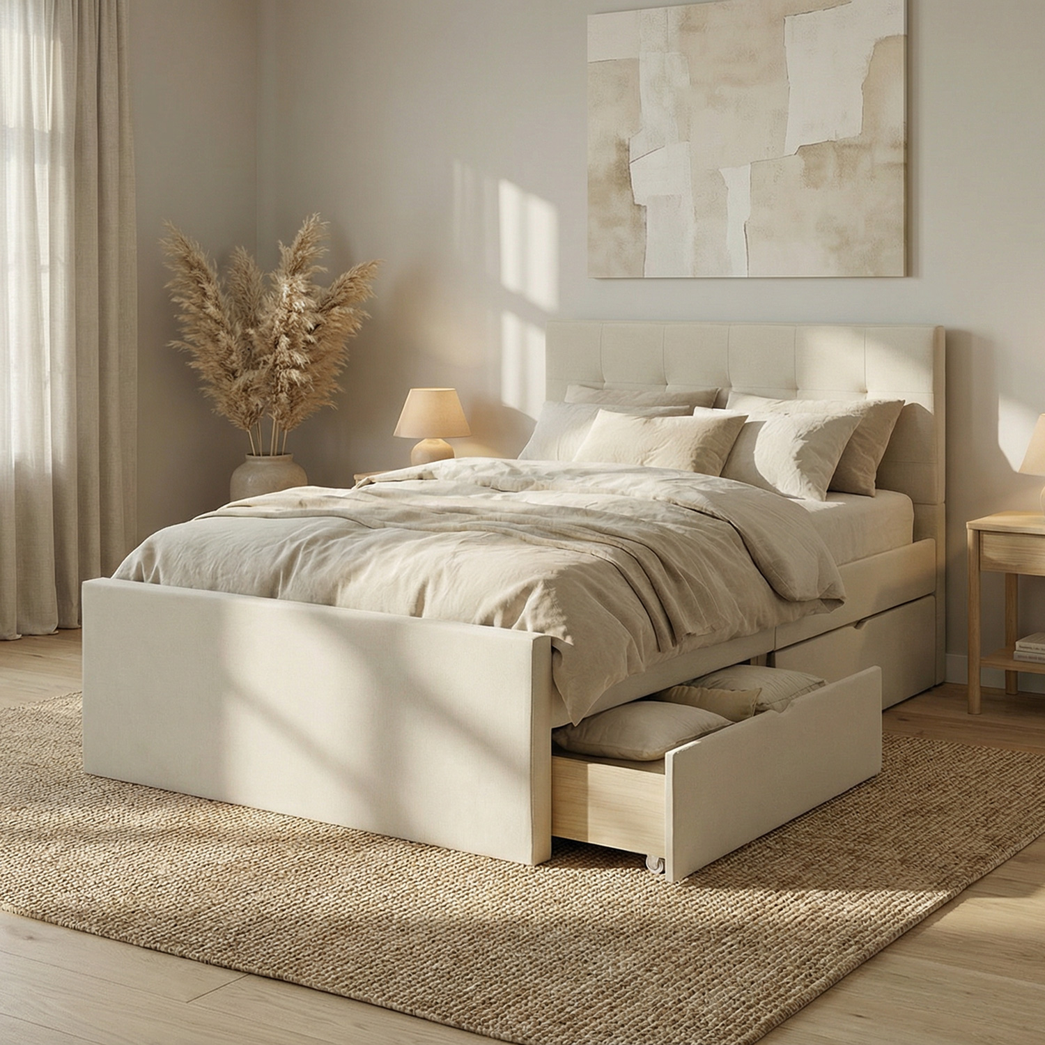 Upholstered bed 120x200 cm beige | with slatted frame | with 2 bed drawers | double fabric bed frame