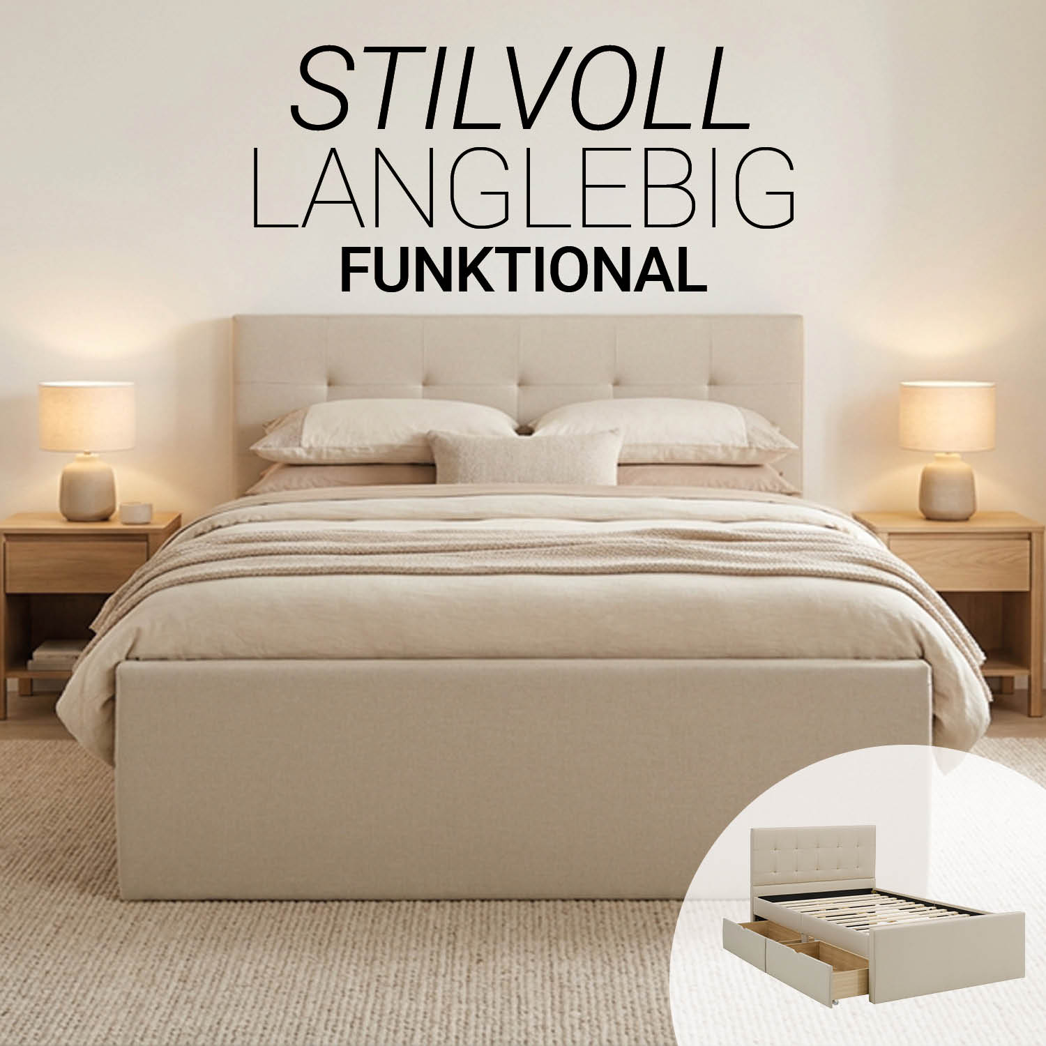 Upholstered bed 140x200 cm beige | with slatted frame | with 2 bed drawers | double fabric bed frame