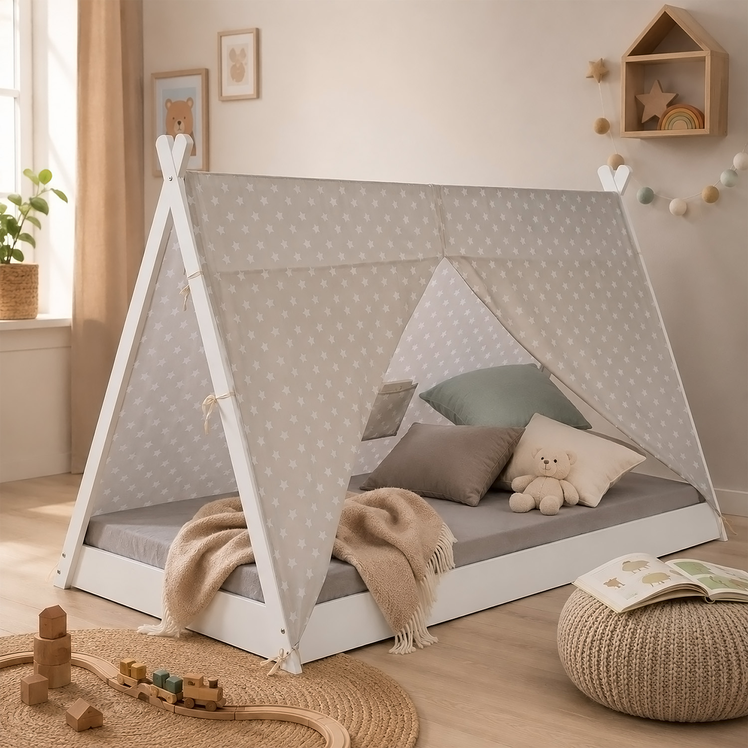 Children bed tipi with mattress tent bed 90x200 youth bed white grey canvas stars