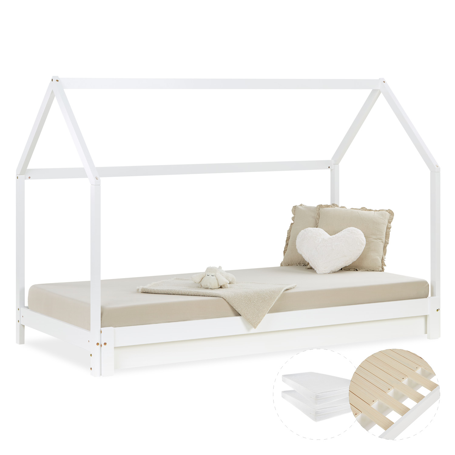 Children's Bed with Pull Out Bed 90x200 cm House Bed Mattress Bed Slats Treehouse Bed Children's Single Bed Wooden Frame White Trundle