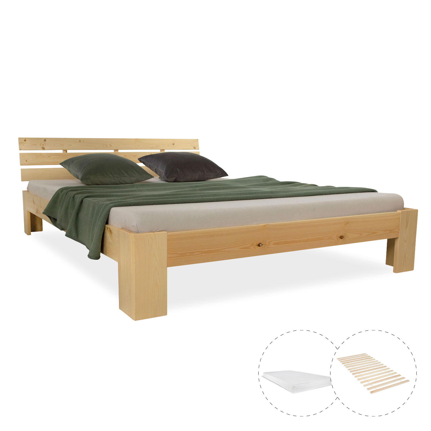 Doppelbett mit Matratze 140x200 cm Holzbett Futonbett Natur Kiefer Bett Bettgestell Massivholz