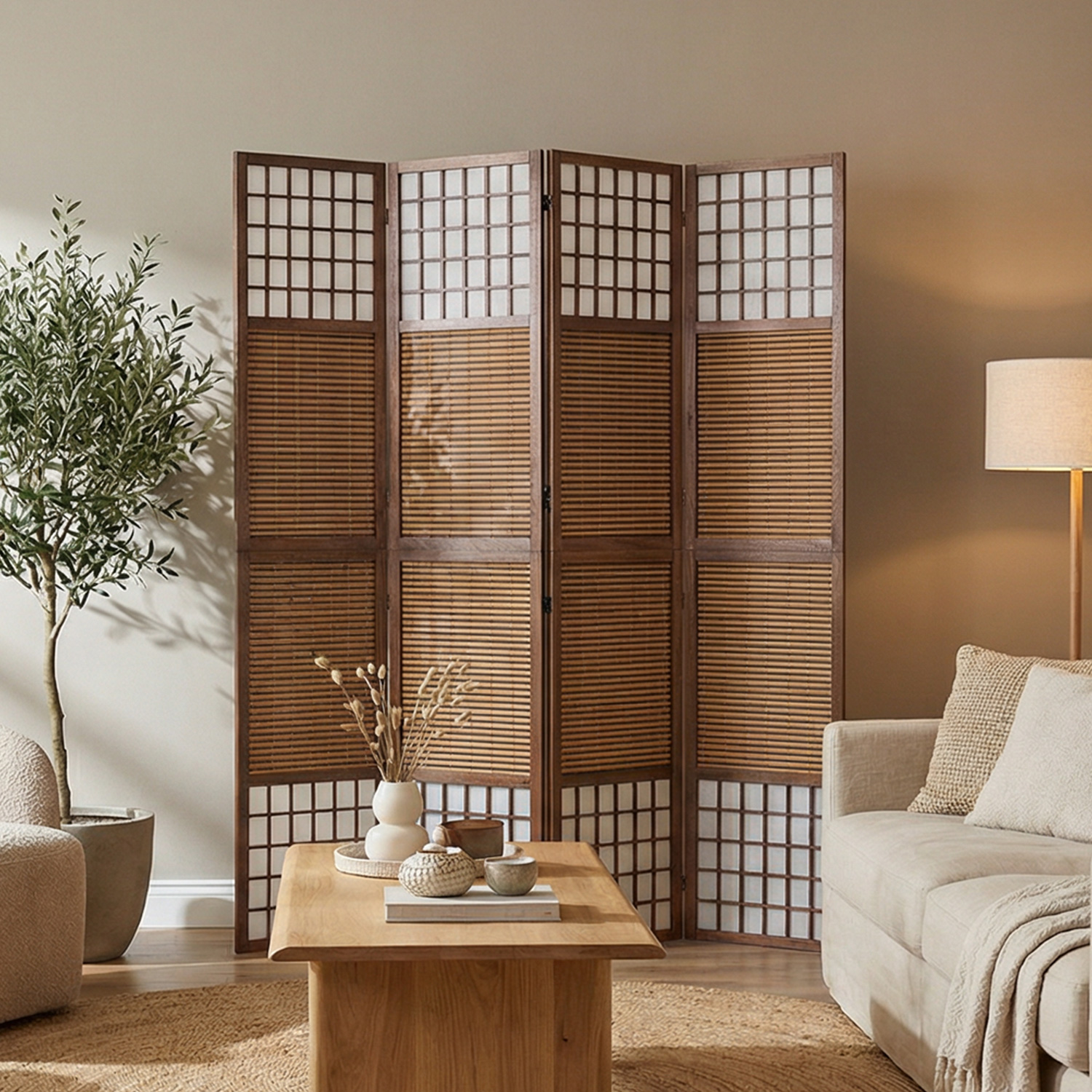 Paravent Brown Bamboo Shoji Rice Paper White Height 200 cm | 4-panel | Wood | Room Divider Partition Privacy Screen
