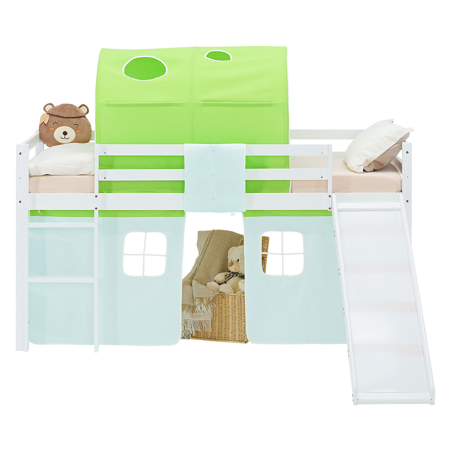 Loft Bed for Kids 90x200 cm White with Curtain & Tunnel in Green | Slide | with Slatted Frame and Mattress