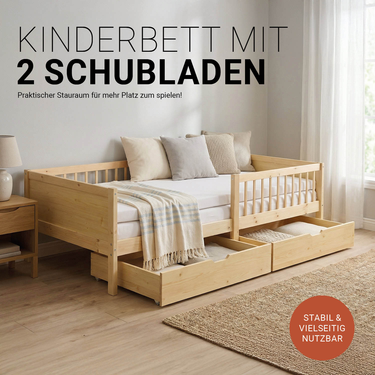 Children's Bed 90x200 cm Natural | Wooden bed with mattress | Single Bed | 2 drawers | Fall Protection