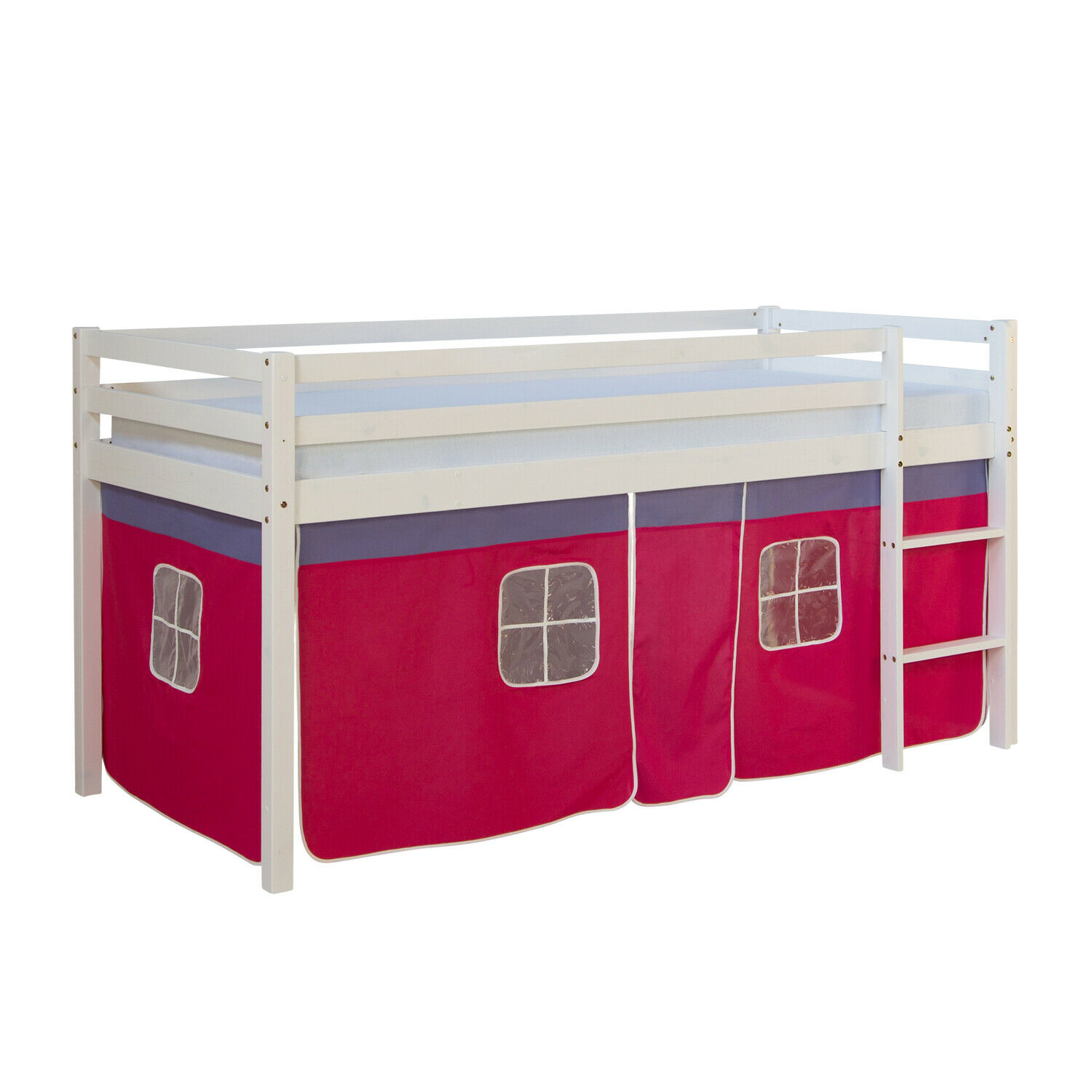 Loft Bed Kids 90x200 cm White with Curtain Pink | without Slatted Frame Loft Bed Kids 90x200 cm White with Curtain Pink | without Slatted Frame