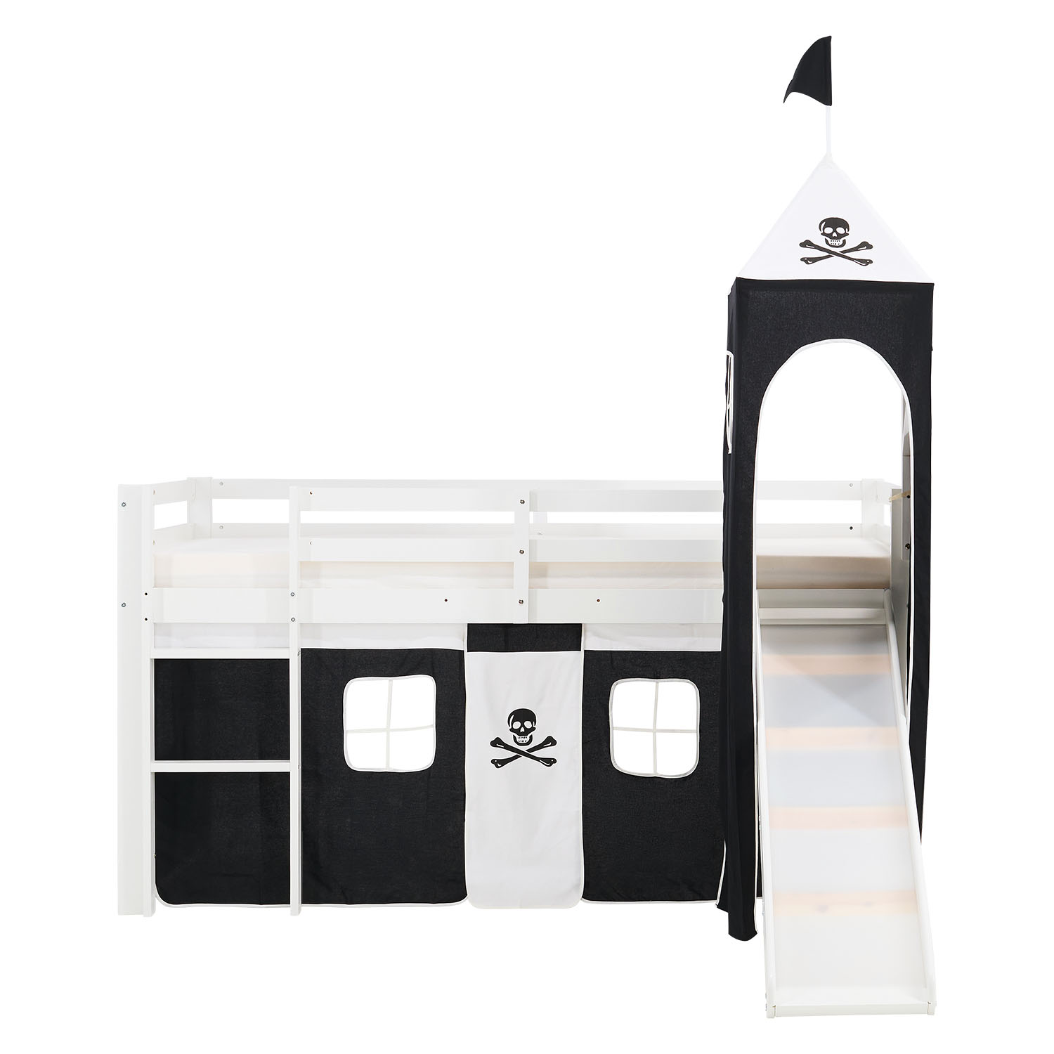 Children's Loft Bed 90x200 cm White with Black Curtain | Slide | Tower | With Slatted Base | With Mattress | Pirate | Boy