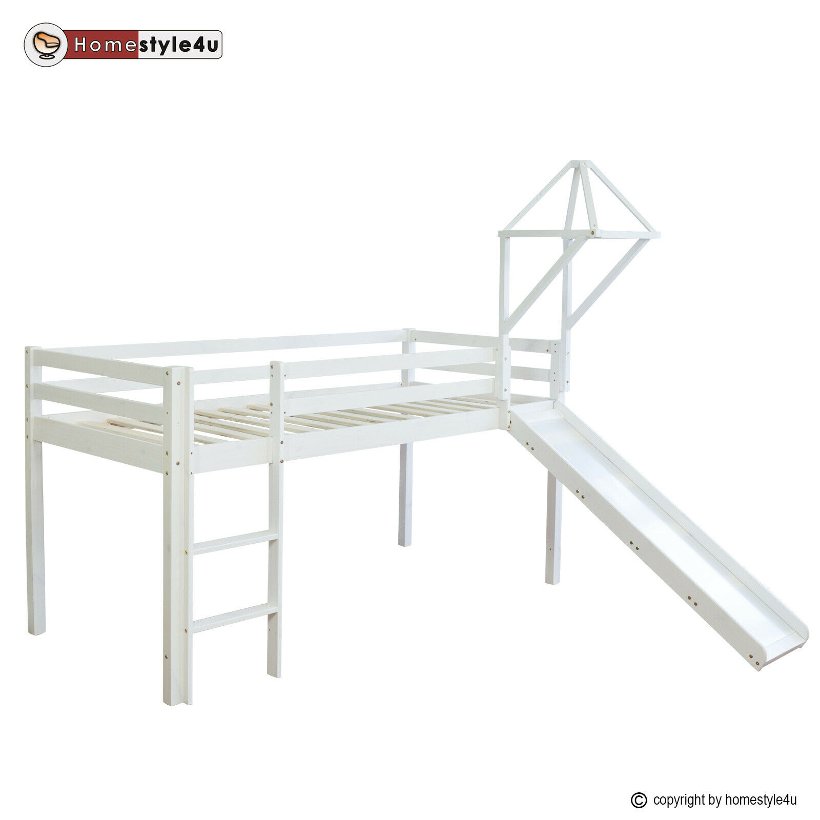 Loft Bed Kids 90x200 cm White with Curtain Blue | Tunnel | Tower | Slide | without Slatted Frame Loft Bed Kids 90x200 cm White with Curtain Blue | Tunnel | Tower | Slide | without Slatted Frame