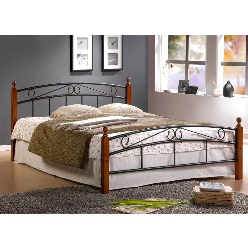 Metal Bed Iron Bed Double 140 x 200 Wood Slatted black brown bed frame 8077
