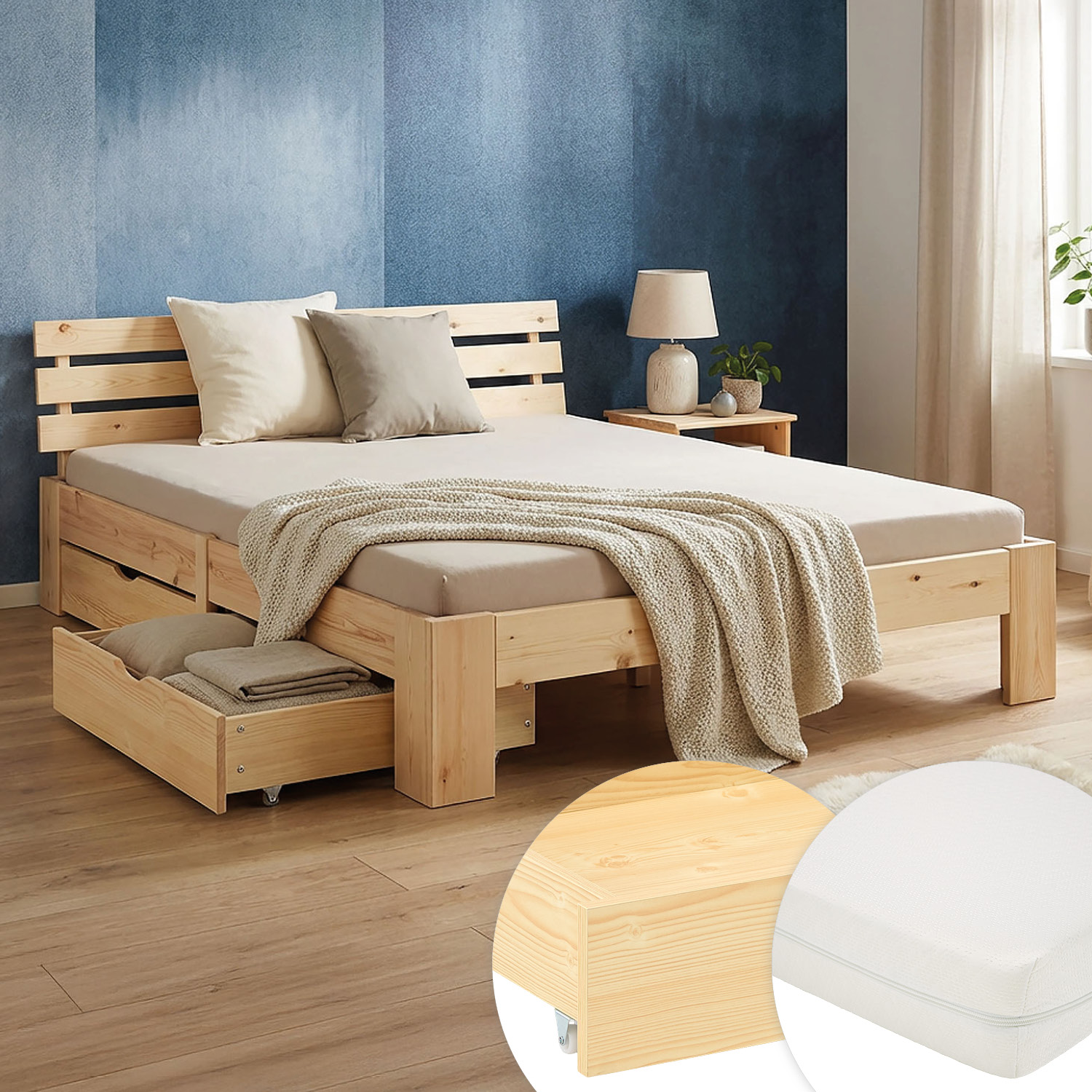 Wood Bed 90x200 cm Natural | Small Double Bed | with Mattress | 2 Drawers | Kids Youth Guest Bedroom