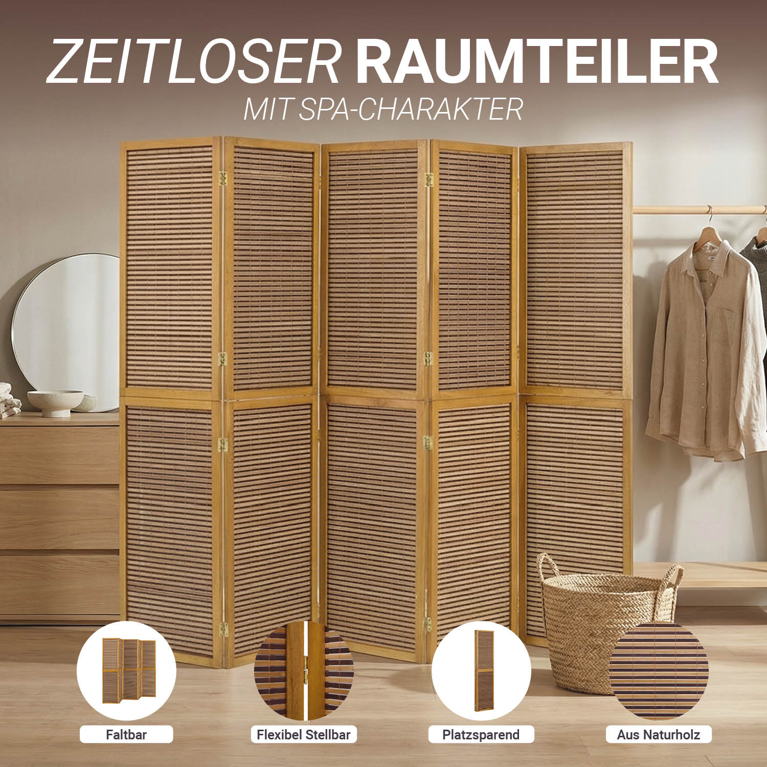 Paravent Brown Wooden Slats | 5-panel | Wood | Room Divider Partition Privacy Screen