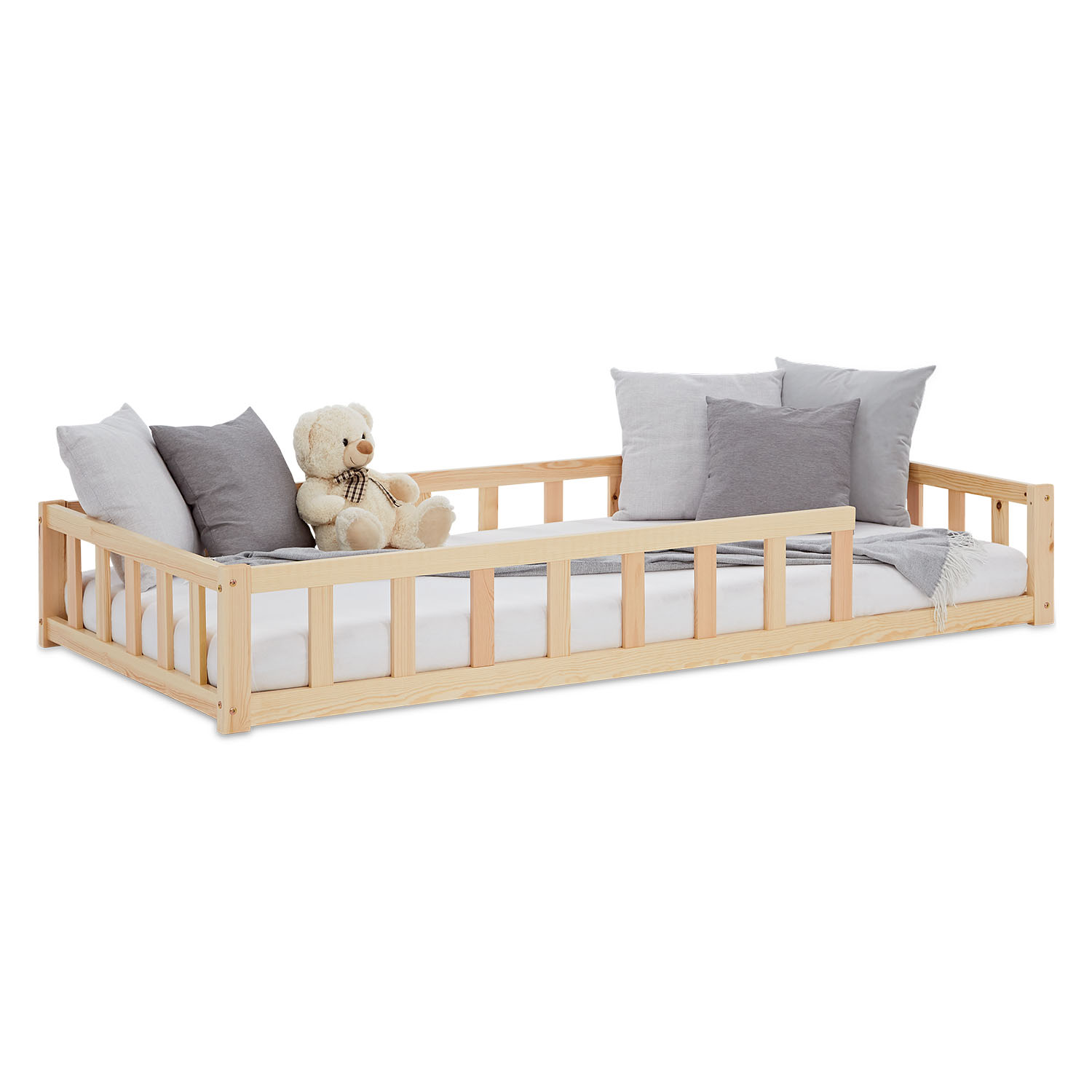 Toddler Floorbed 90x200 or 120x200 cm Montessori Bed with Barriers White Natural Wooden Infant Floor Bed Children's Bed Massif Kids Bed Single Bed Mattress