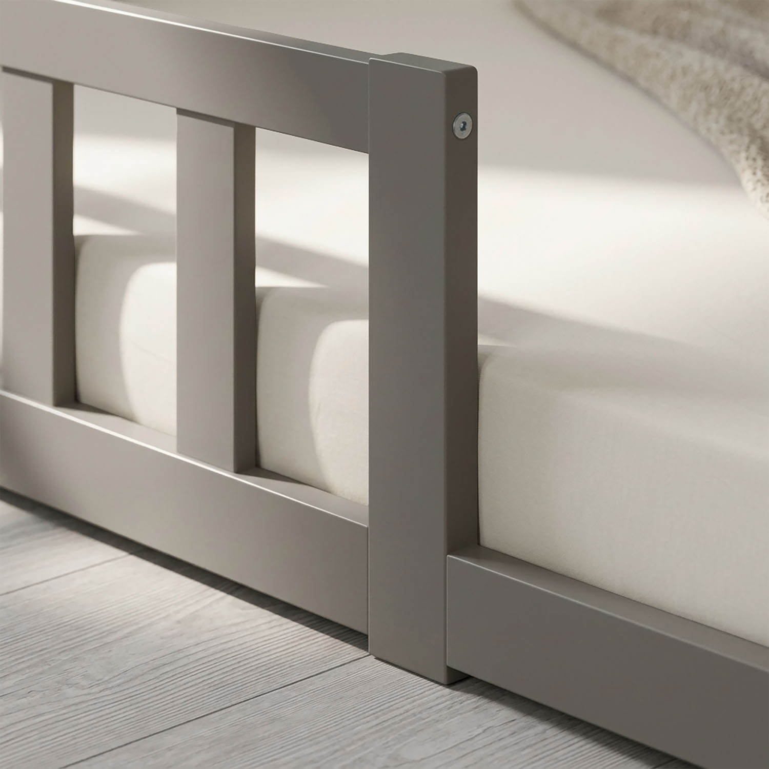 Children's Bed 90x200 Grey | Floor Bed with Slatted Frame | with Fall Protection | Montessori