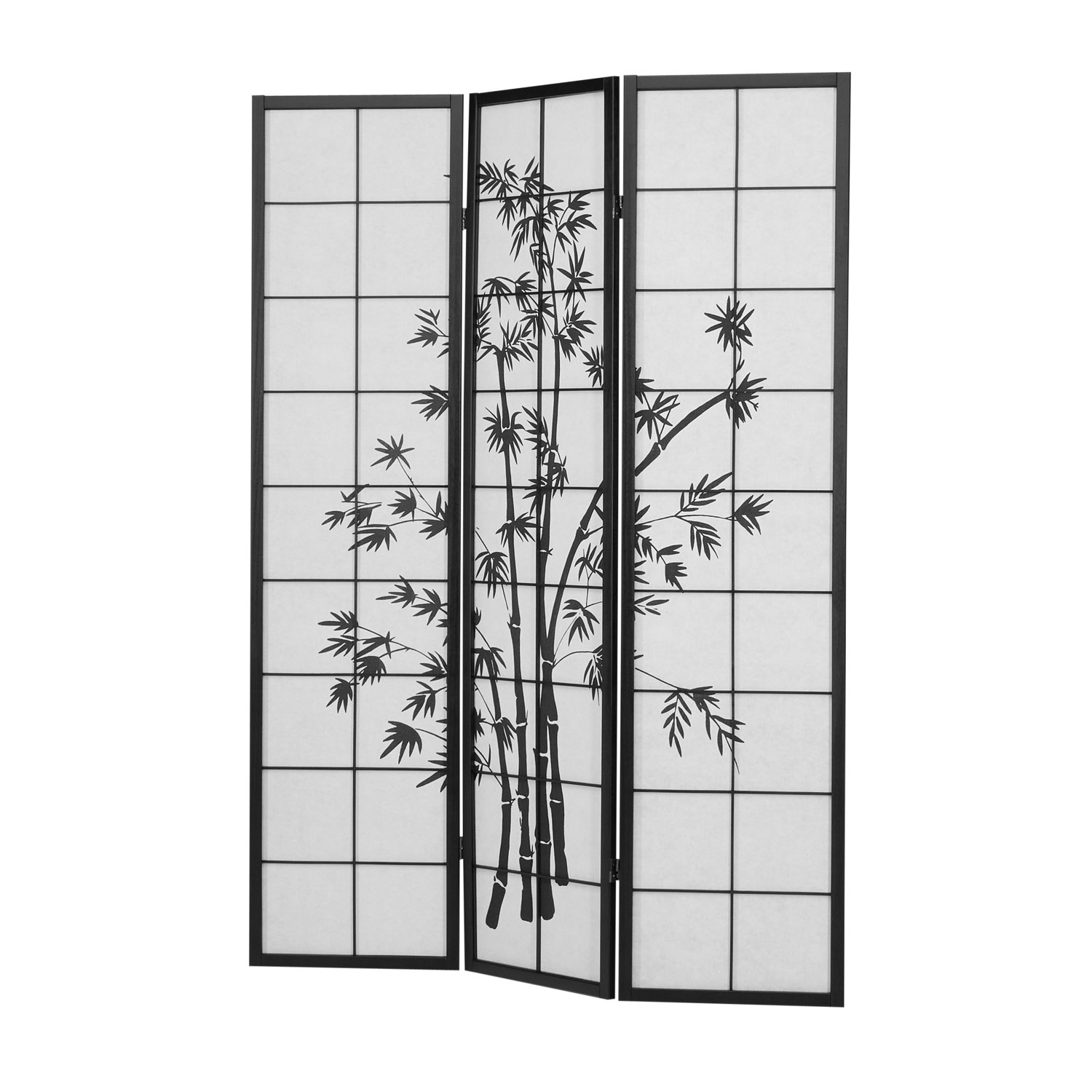 Paravent Séparation de pièce 3 pièces, bois noir, papier de riz blanc, motif bambou, hauteur 179 cm	