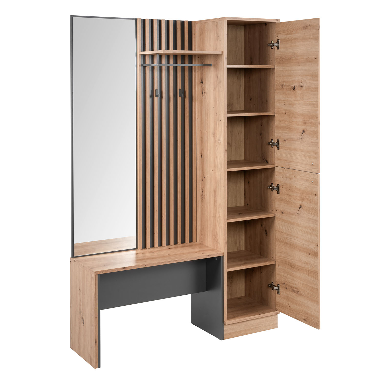 Industrial Look Wardrobe with Bench Hallway Furniture Mirror Hall Unit Hallway Wardrobe Oak Wood 3D Wall Panel Entryway Coat Rack